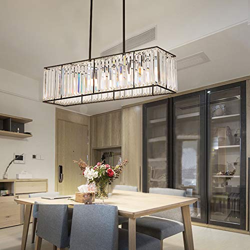 Modern Rectangular K9 Crystal Chandelier - 4-Light Pendant Ceiling Light Fixture for Dining Room, Kitchen, Living Room & Bedroom - Elegant Lighting Solution (33.5 Inch)