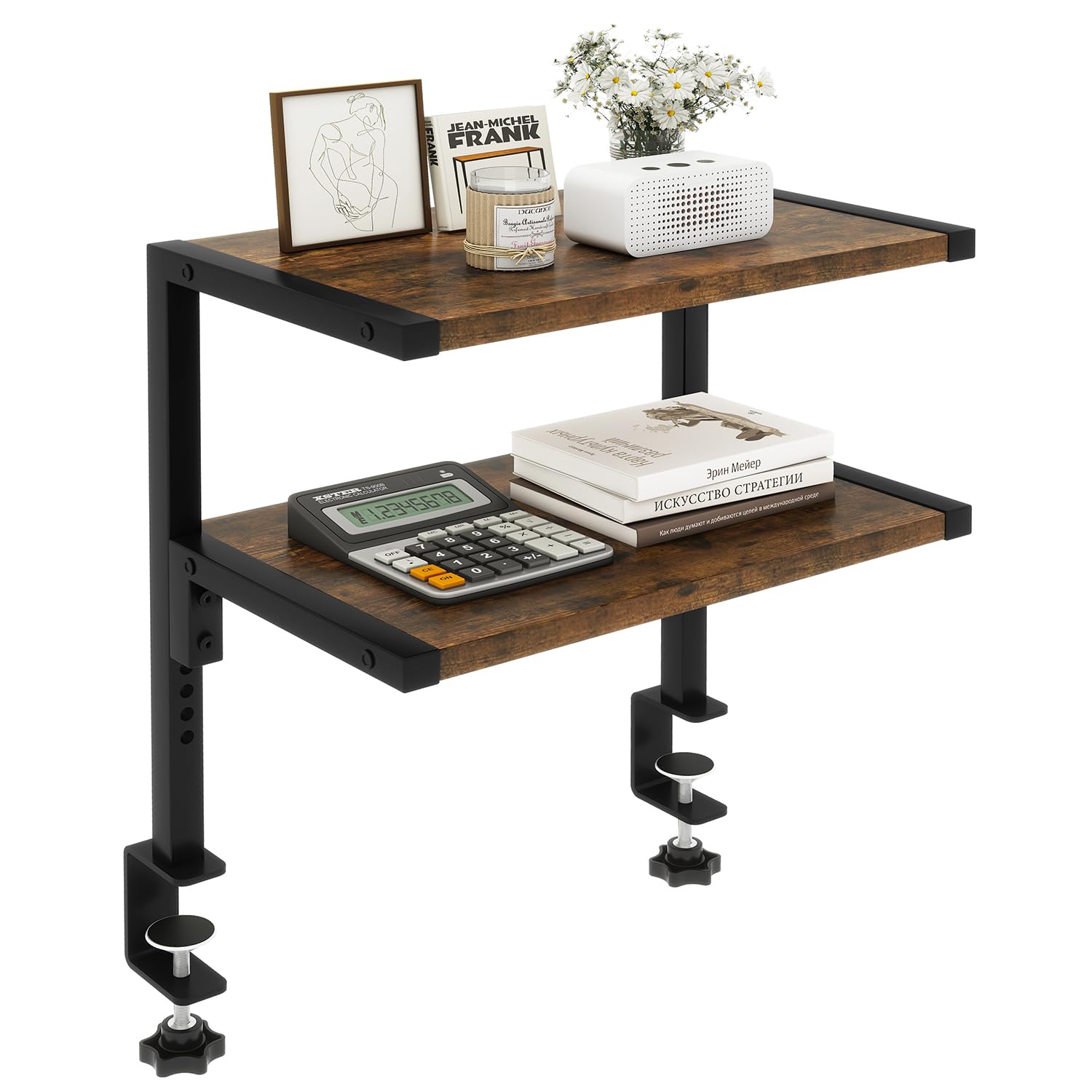 IBUYKE 12.9 Inch Adjustable Clamp-on Desk Organizer Shelf - 2-Tier Rustic Brown Storage Shelf for Office, Home & Dorm - Perfect for Books, Laptops & Desktop Accessories