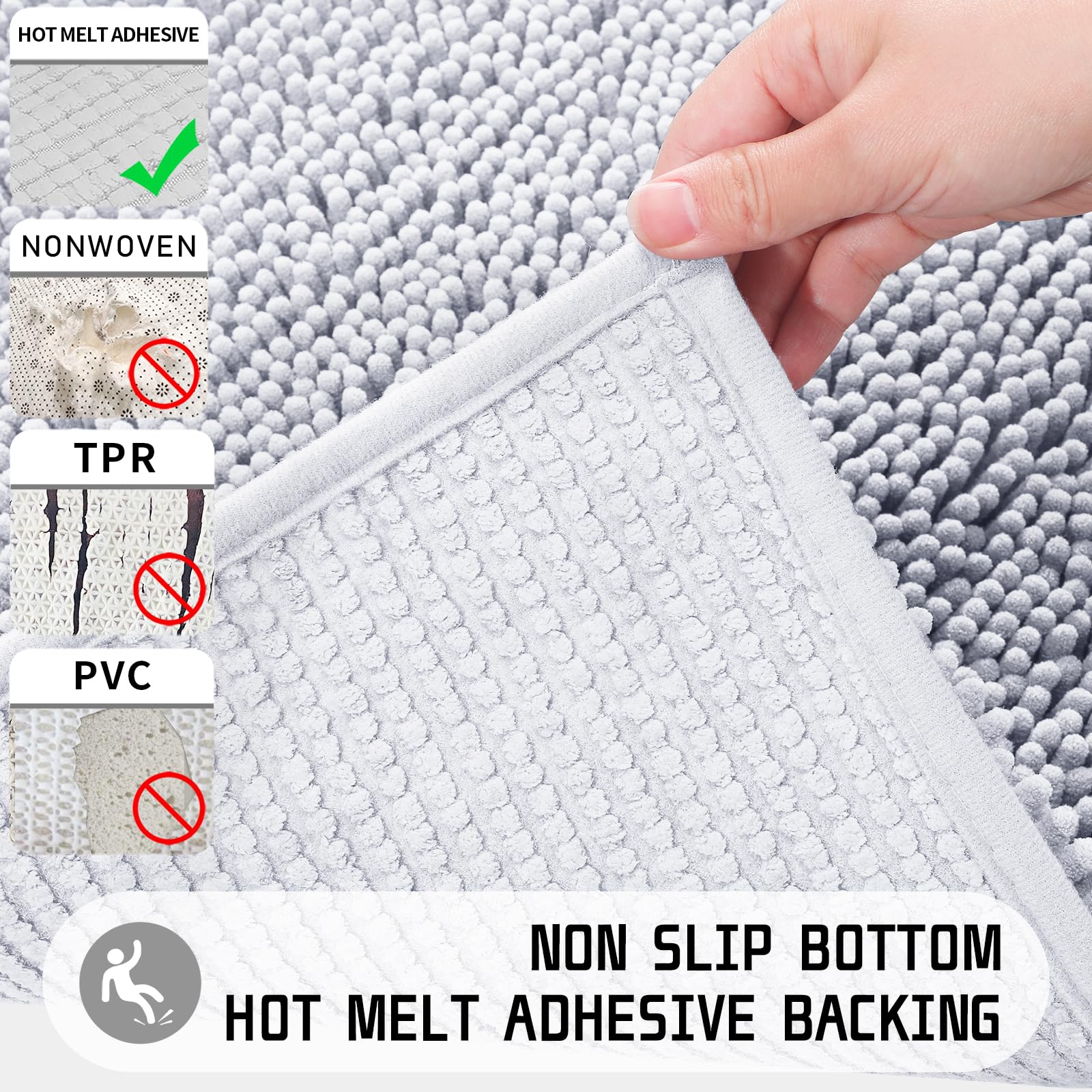 Yimobra Extra Soft Chenille Bathroom Rugs 44x24 Inches - Non-Slip, Water Absorbent, Machine Washable Shaggy Floor Mat for Shower & Bathtub - Plush Microfiber Bath Mat for Bathroom Safety & Comfort (Silver)