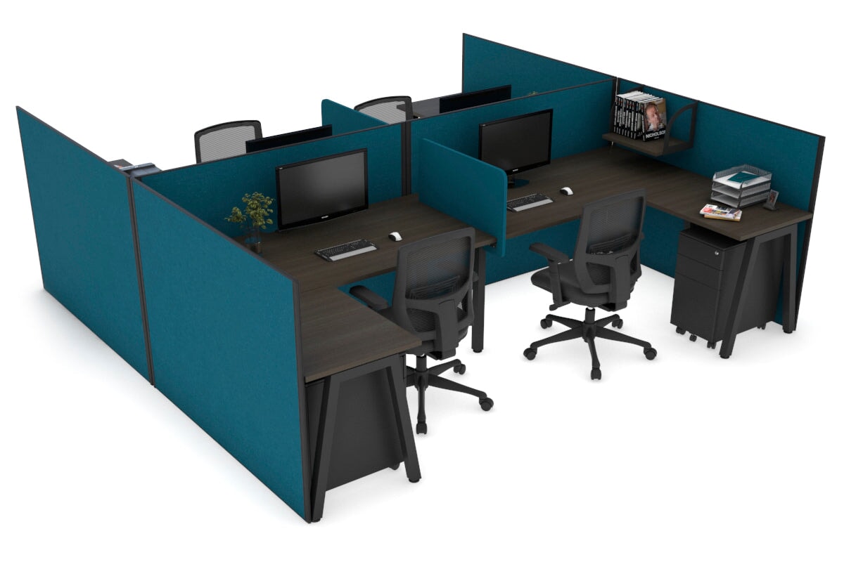 Quadro A Legs 4-Person Corner Workstation - H-Shaped Black Frame Office Desk [1800L x 1800W with Cable Management] for Team Collaboration & Open Office Spaces