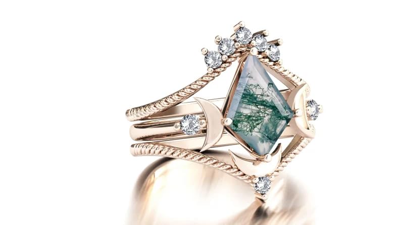 Antique Art Deco Moss Agate Engagement Ring Set – Vintage Kite Cut Wedding Band for Women | Unique Bridal Promise Rings for Romantic Proposals & Anniversary Gifts
