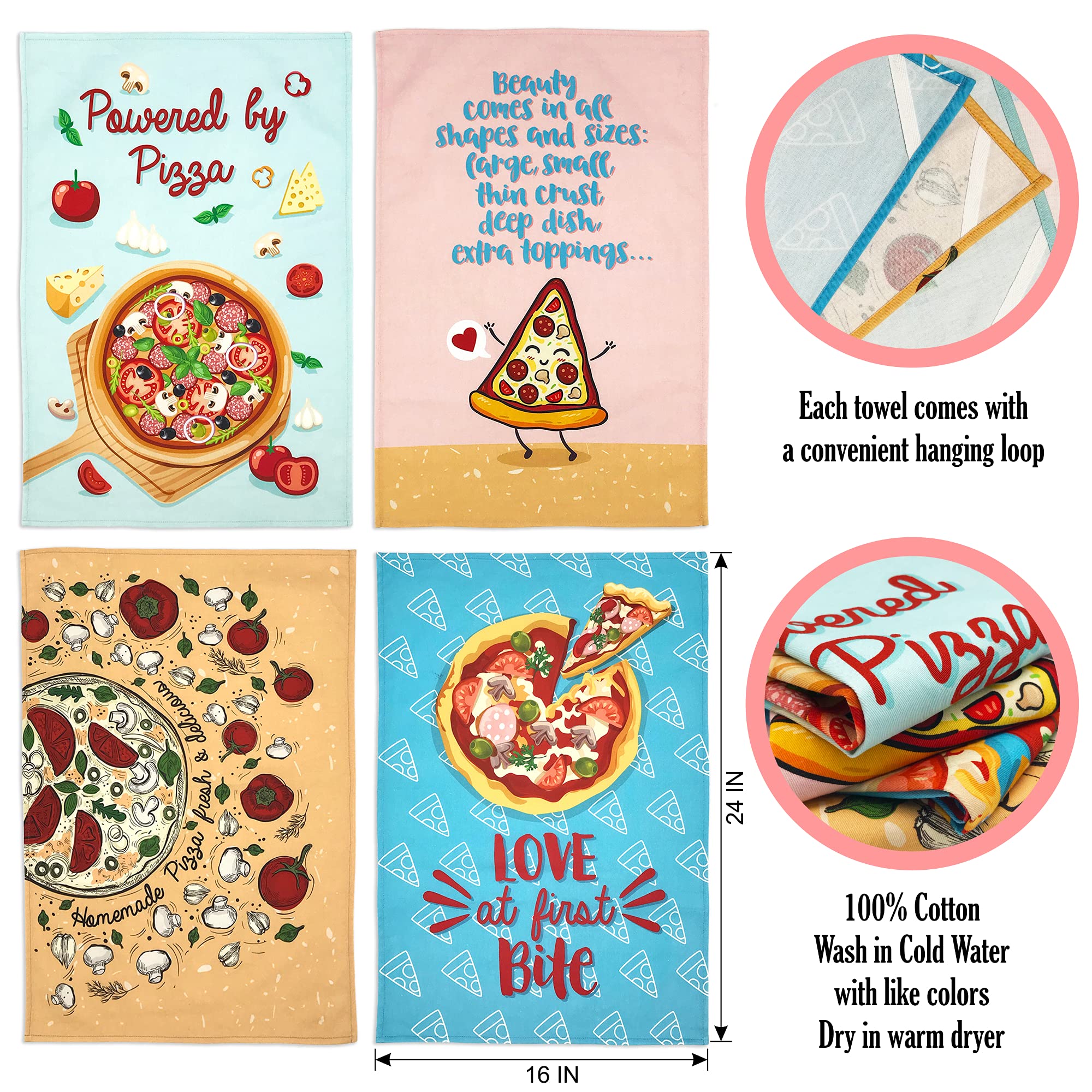 Eleville Funny Pizza Theme Kitchen Towels Set of 4 - Absorbent Dish Cloths & Decorative Hand Towels for Kitchen - Perfect Housewarming Gift for Mom & Friends - Ideal for Cooking, Baking & Holiday Decor (KTN006)