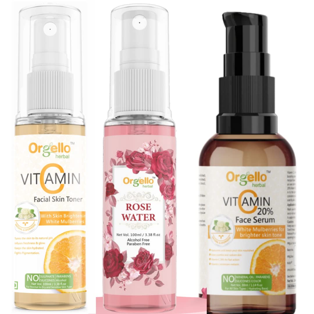 Orgello 20% Vitamin C Serum with Hyaluronic Acid & Rose Water Toner Set - Brightening Skincare Kit for Face (30ml Serum + 100ml Toners) - Perfect for Daily Glow Routine, Dark Spot Treatment & Hydration