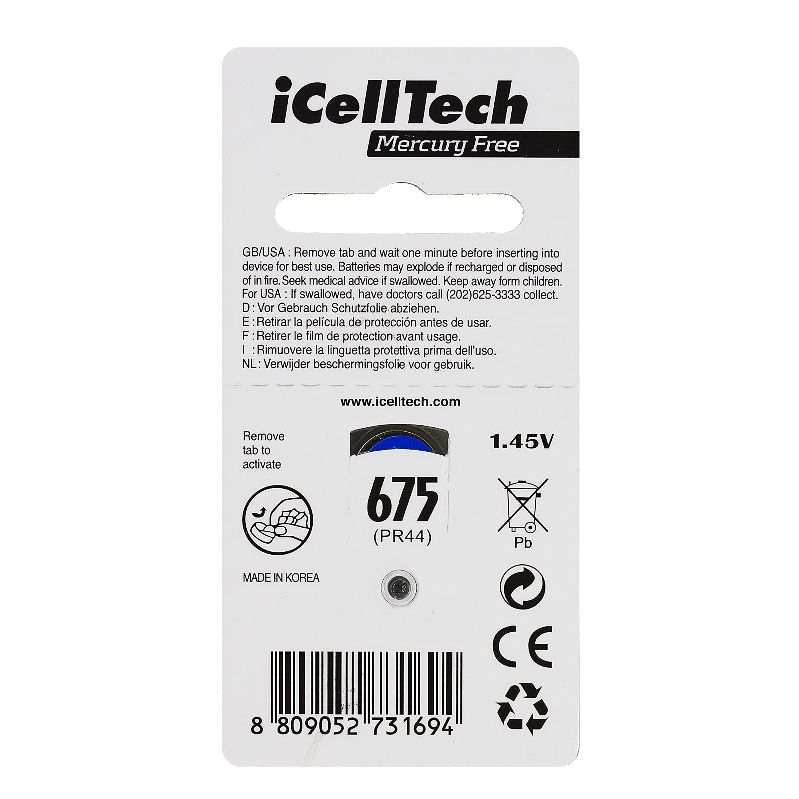 60 Pack iCellTech 675 Hearing Aid Batteries with Convenient Battery Caddy - Long-Lasting Power for Hearing Aids, Perfect for Travel & Daily Use