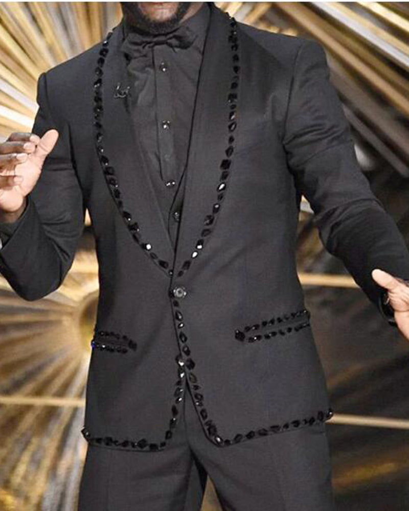 Elegant Black Men's Formal Dress Suits with Beading Trim - 3 Piece Tuxedo Set (Jacket, Pants, Vest) for Stage Performances, Singers, Weddings & Special Occasions - CB01204