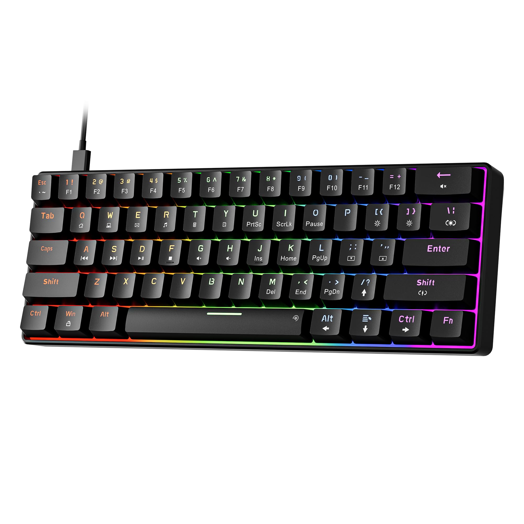 Newmen GM611 60% Mechanical Keyboard - Rainbow LED Backlit, Compact 61 Keys for Gaming & Office (Black/Blue Switch)