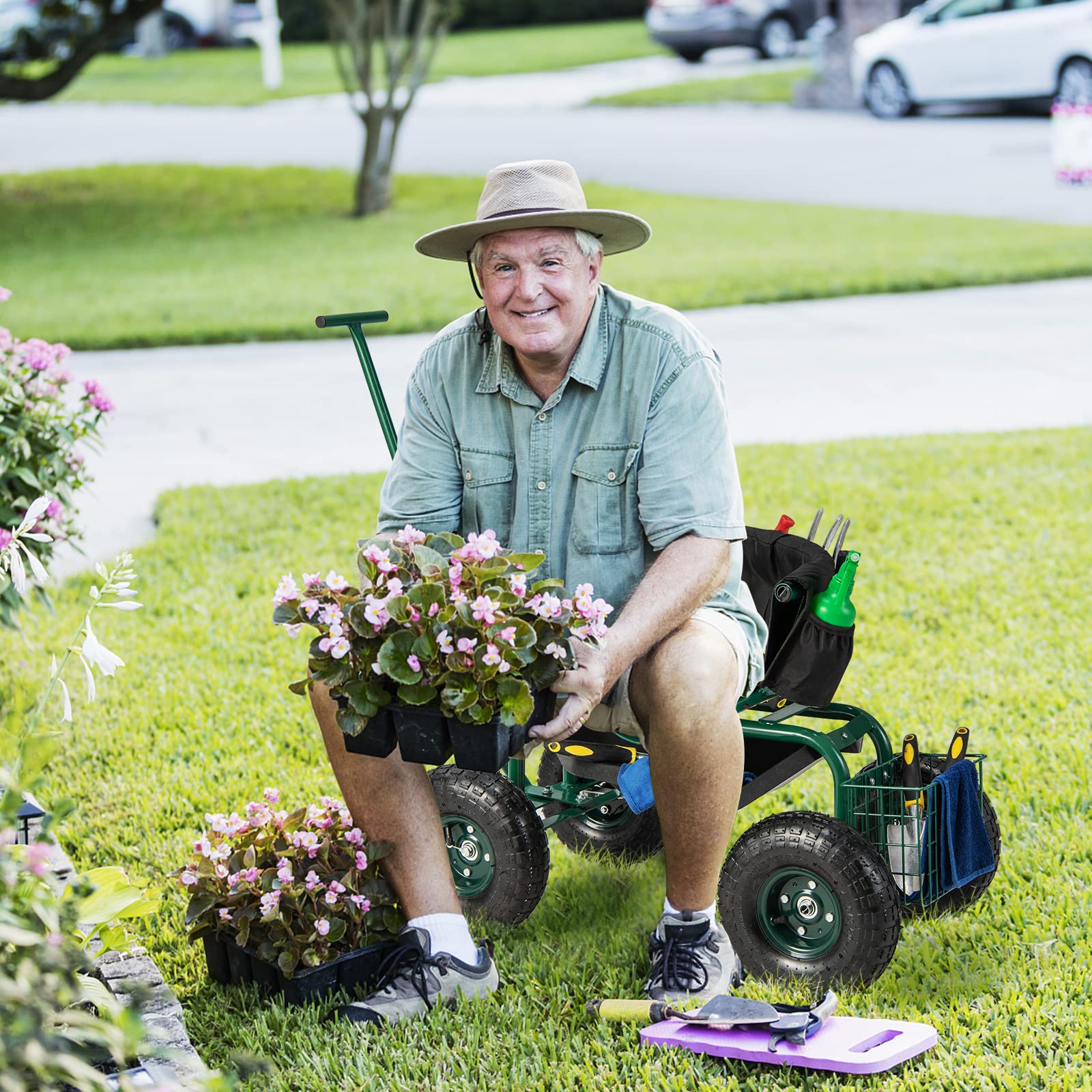 Goplus Rolling Garden Seat with Wheels - 360° Swivel Outdoor Gardening Cart with Tool Storage & 2 Steering Handles - Foldable Gardening Stool Wagon Scooter for Lawn, Patio & Yard Work - Perfect for Seniors & Elderly Gardeners (Ideal for Planting, Weeding & Landscaping)