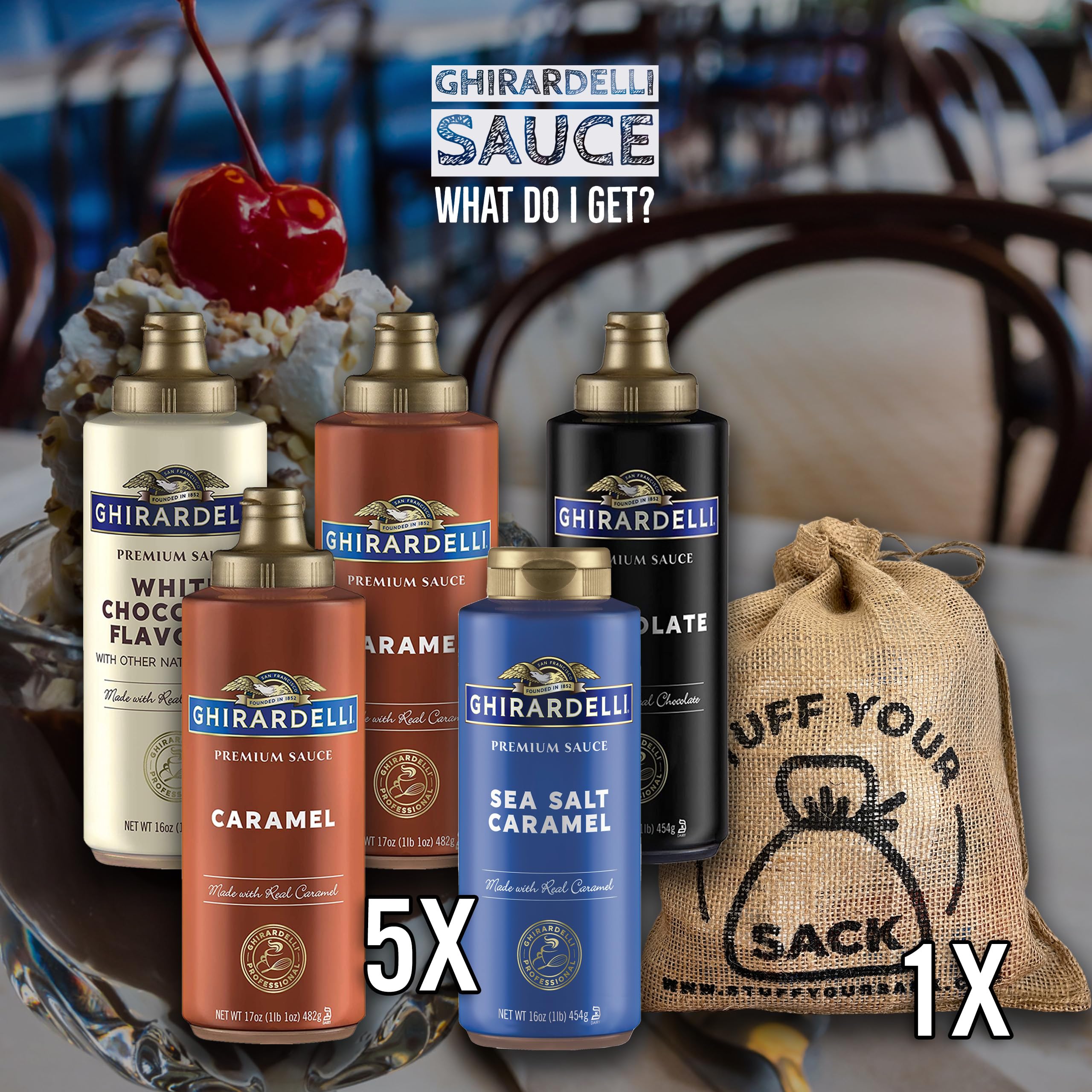 Ghirardelli Chocolate Sauce Variety Pack - 5 Flavors (Caramel, Dark Chocolate, Milk Chocolate, White Chocolate, Sea Salt) - Perfect for Desserts, Ice Cream, Coffee & Baking