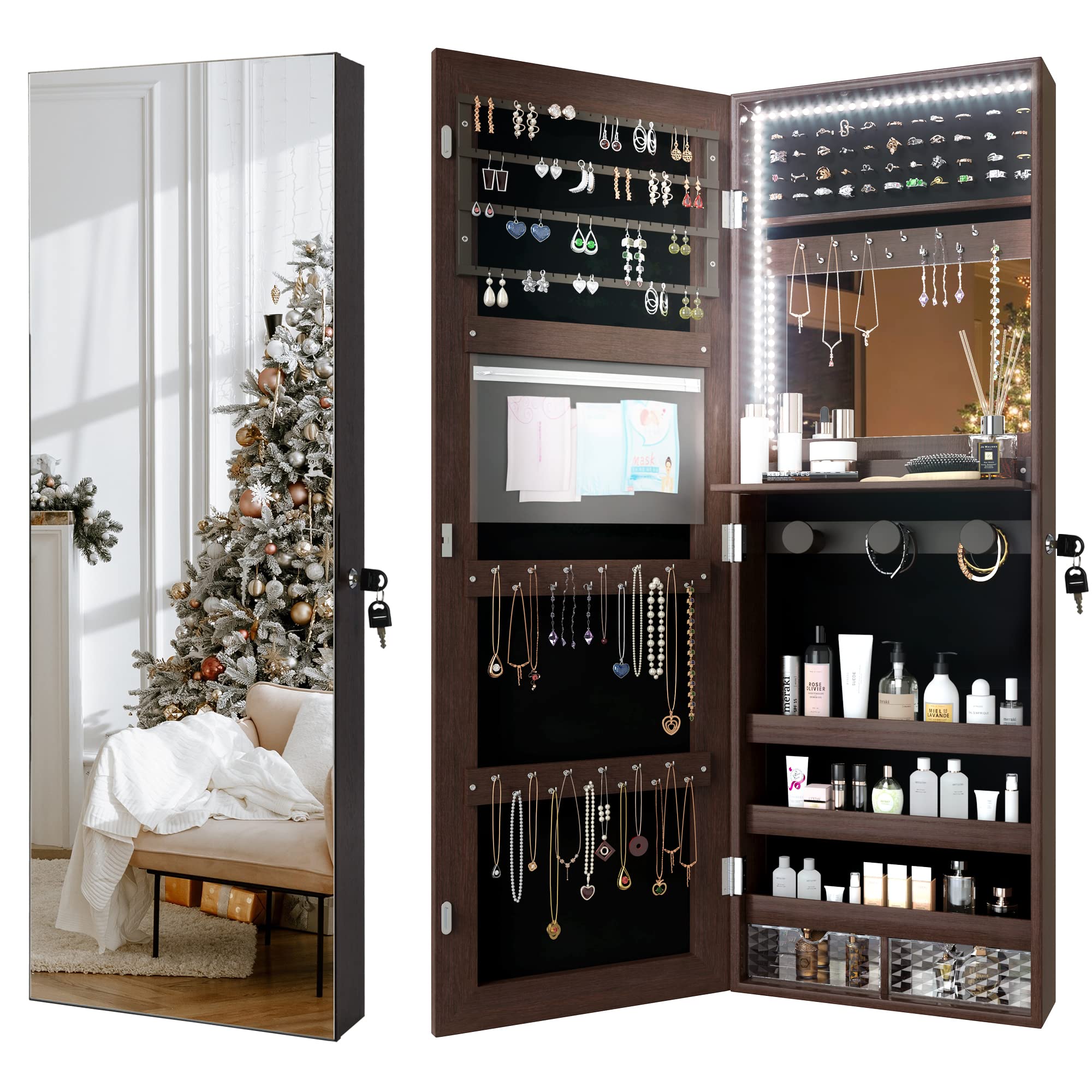Jajov LED Light Jewelry Cabinet with Full Length Mirror - Wall Mounted or Door Hanging Lockable Jewelry Organizer Armoire with Makeup Tray, 2 Acrylic Drawers & Built-in Mirror (Brown) - Perfect for Bedroom, Closet, Dressing Room & Vanity Organization