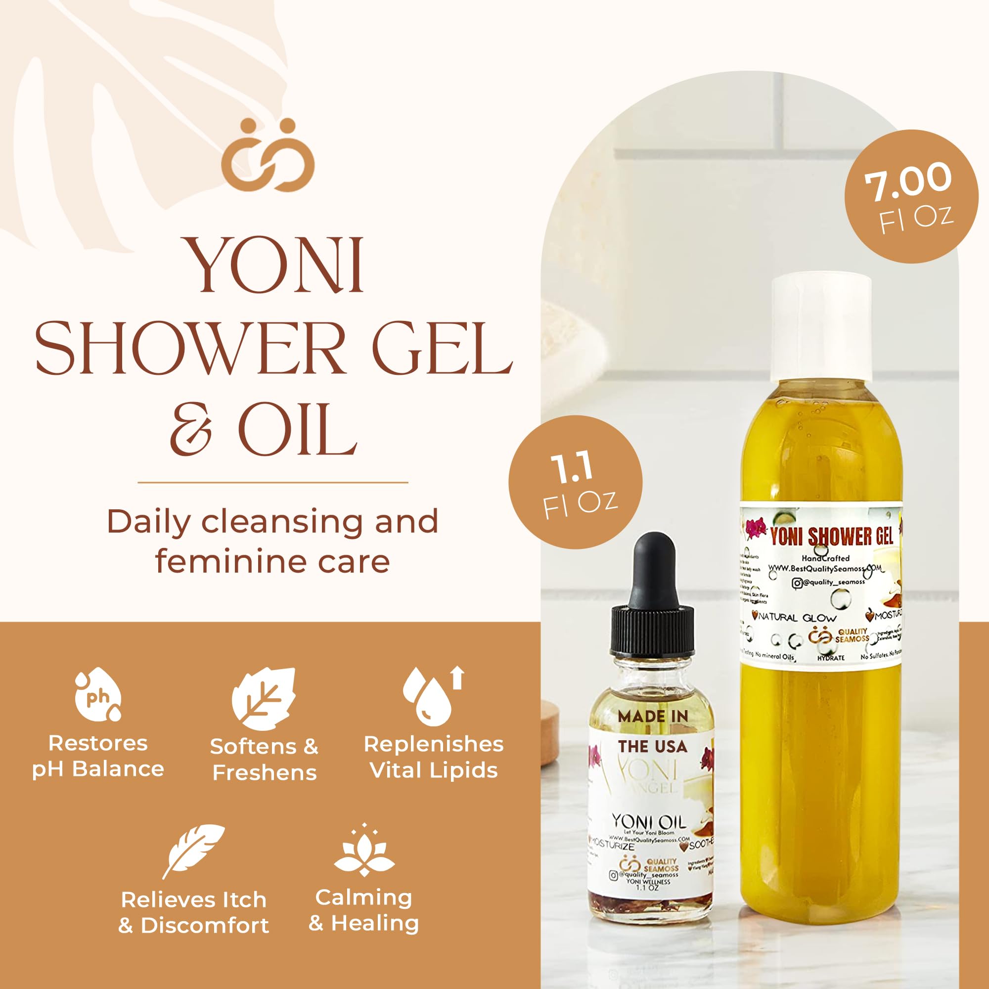 Yoni Wash & Oil Bundle - 7 oz pH Balancing Feminine Wash & 1.1 oz Odor Control Oil for Intimate Care | Natural Vaginal Hygiene Set for Women | Perfect for Daily Shower Routine & Post-Workout Freshness