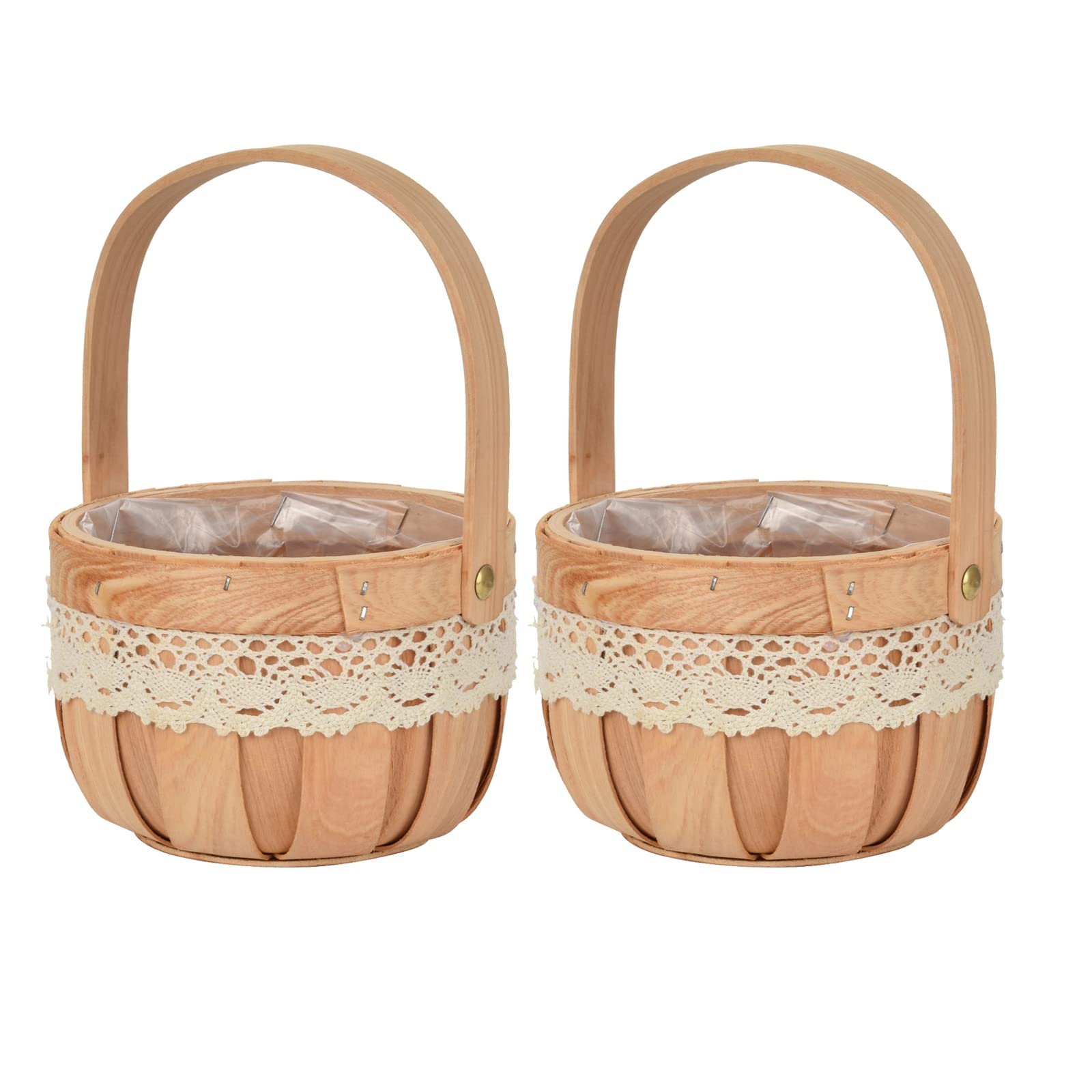 2PCS Hand-Woven Rustic Woven Storage Baskets - Portable Lace Decor Wedding Flower Girl Basket, Wooden Fruit & Vegetable Organizer, Rattan Box for Home Decor, Kitchen, Bathroom, and Party Use