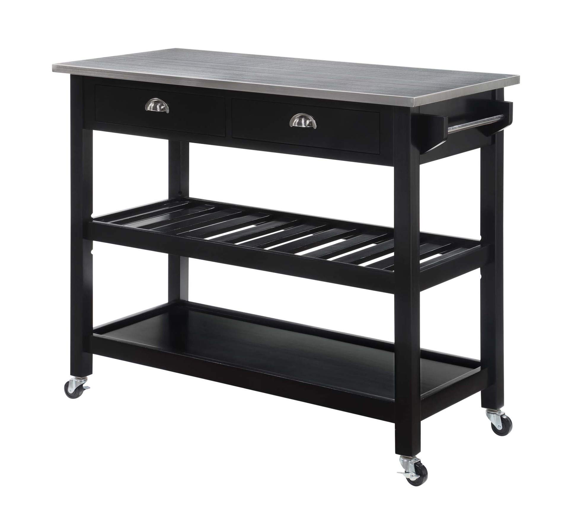 Convenience Concepts American Heritage 3-Tier Stainless Steel Kitchen Cart with Drawers, Black - Perfect for Small Kitchen Storage, Food Prep Station & Mobile Serving Cart