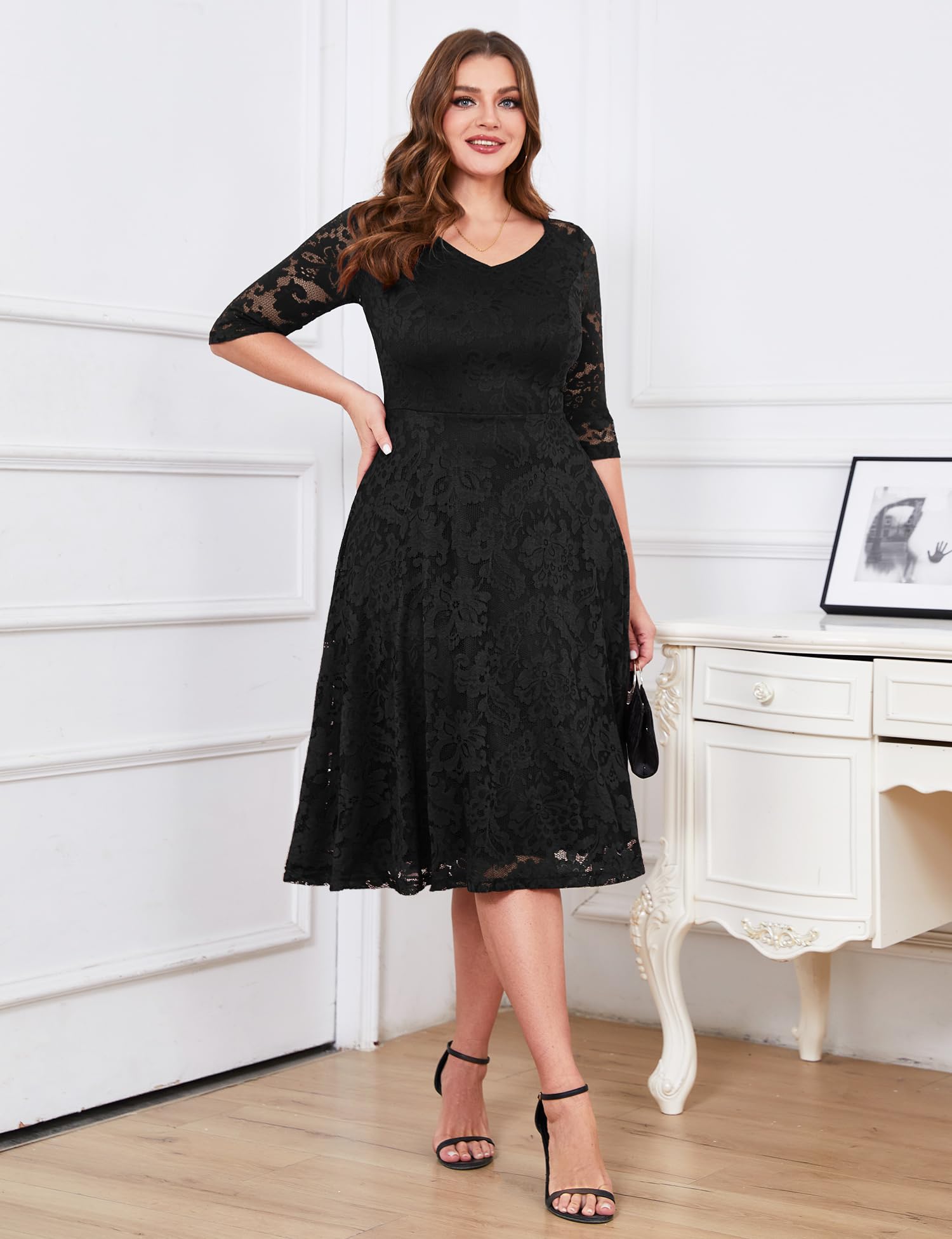 Elegant Women's Long-Sleeve Lace A-Line Wedding Guest Dress | Formal Cocktail Party & Prom Gown | Perfect for Bridal Showers, Evening Galas & Special Occasions