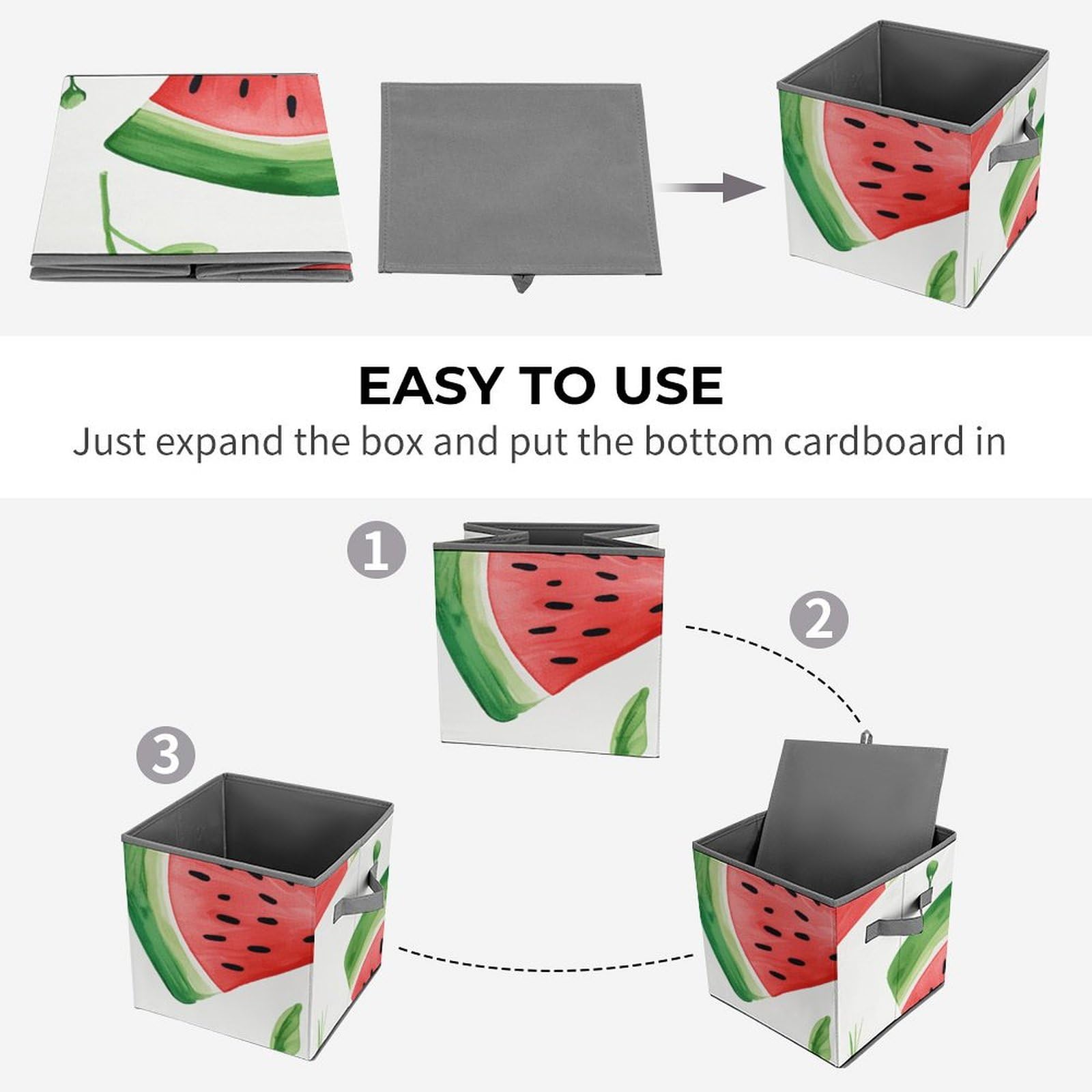 Watermelon Pattern Foldable Storage Cubes with Handles - Closet Organizer Bins for Cabinet, Shelf & Wardrobe Organization - Perfect for Kids Room, Bedroom & Dorm Storage