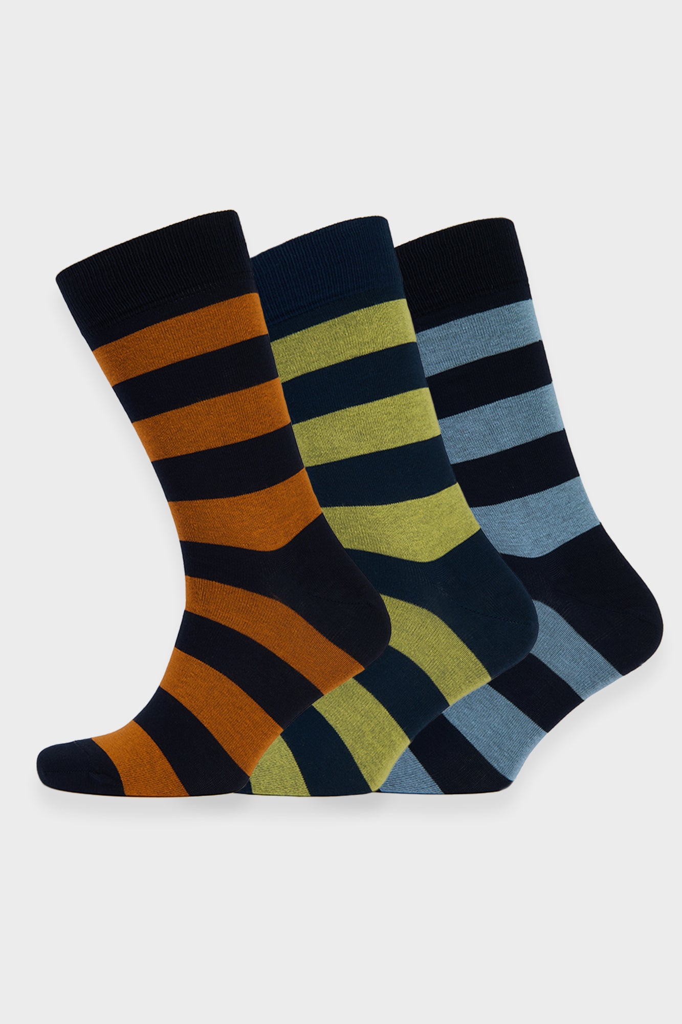 Breathable Cotton Socks 3-Pack - Wide Stripe Pattern in Orange, Yellow & Sky Blue | Comfortable Everyday Wear for Men & Women | Perfect for Casual, Sports & Home Use