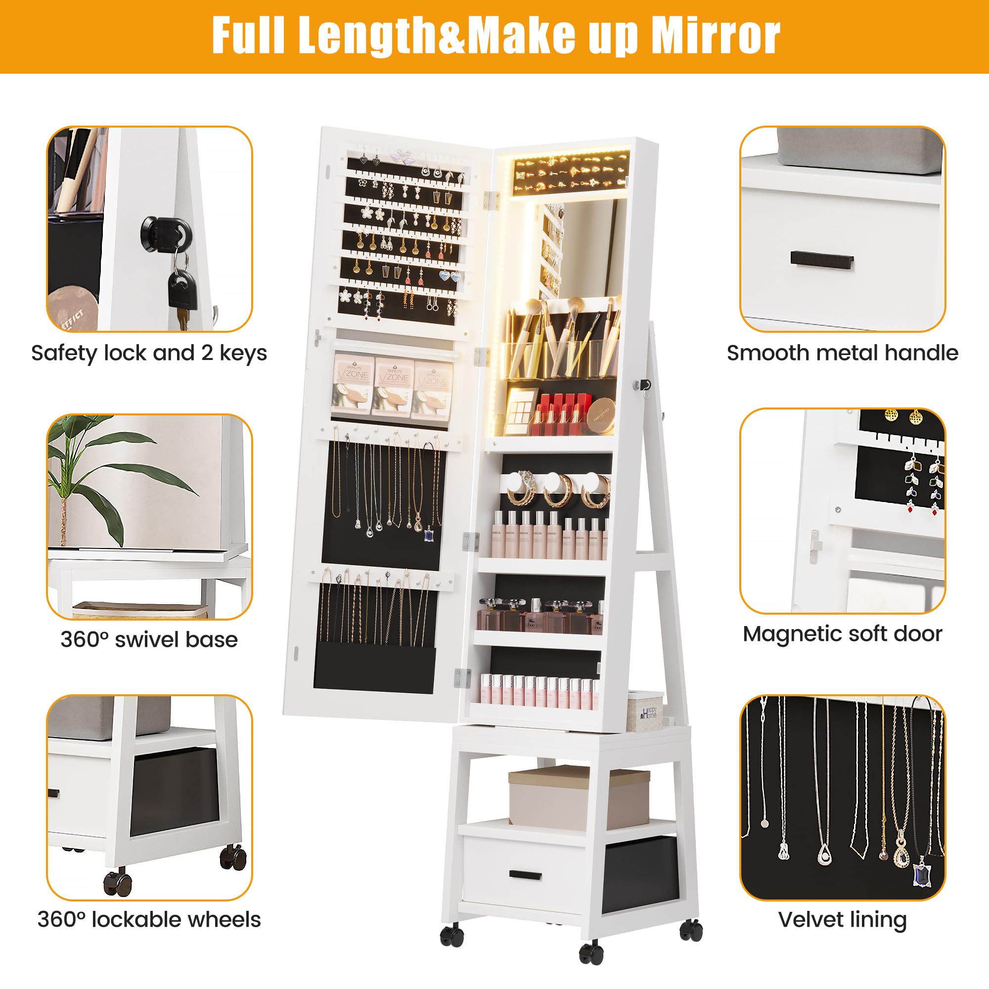 GARVEE 360° Swivel Jewelry Cabinet with LED Lights - Full Length Rotating Mirror, Lockable Jewelry Armoire Organizer with Makeup Mirror, Drawers & Wheels - Perfect for Bedroom, Dressing Room & Closet Organization (White)