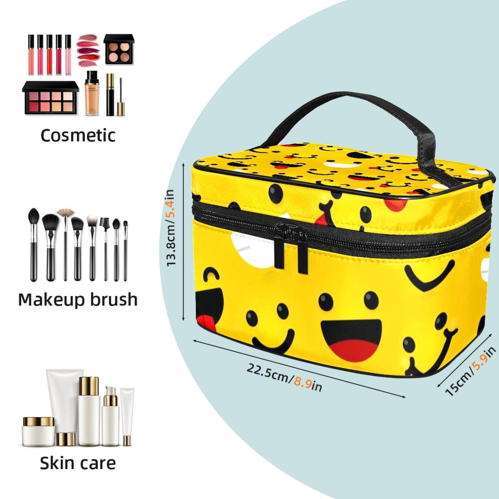 Portable Travel Makeup Organizer Bag for Women - Waterproof Cosmetic Case with Funny Emoticon Faces - Perfect for Vacation, Gym & Daily Use