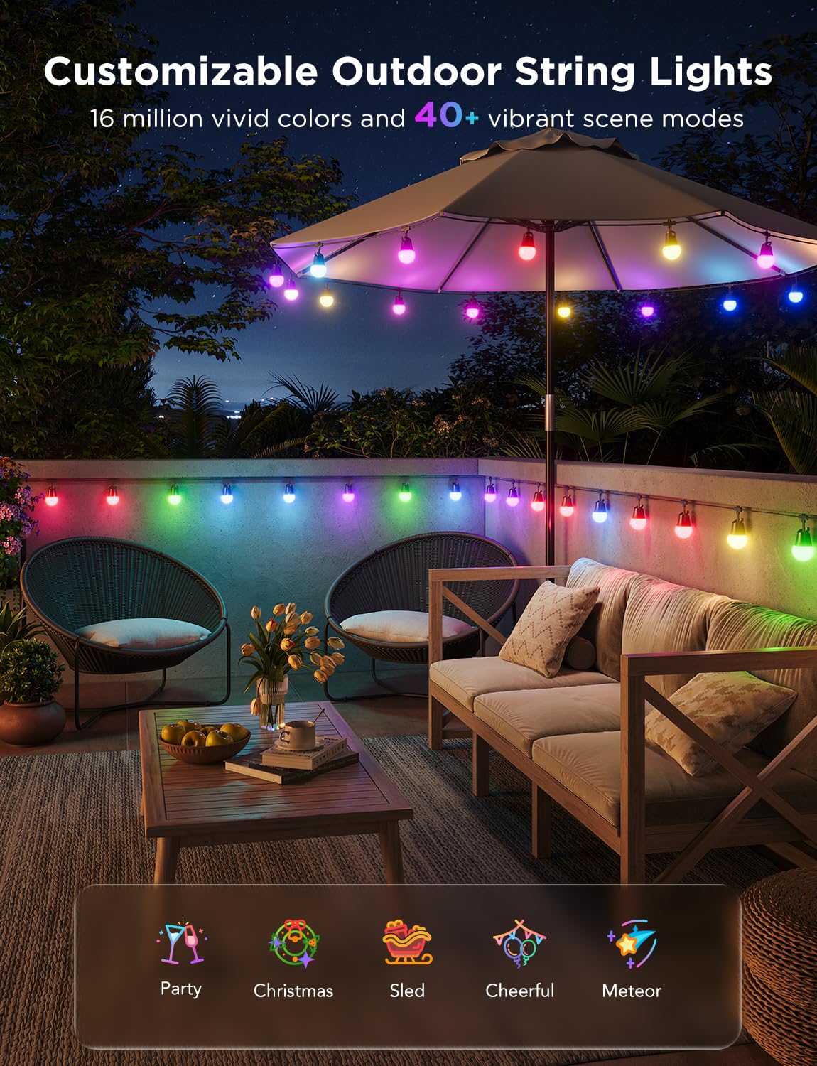 Govee 144ft Smart Outdoor String Lights with Dimmable Warm White LED Bulbs - 47 Scene Modes, IP65 Waterproof, Alexa & App Control - Perfect for Patio, Backyard, Balcony, Garden & Outdoor Parties