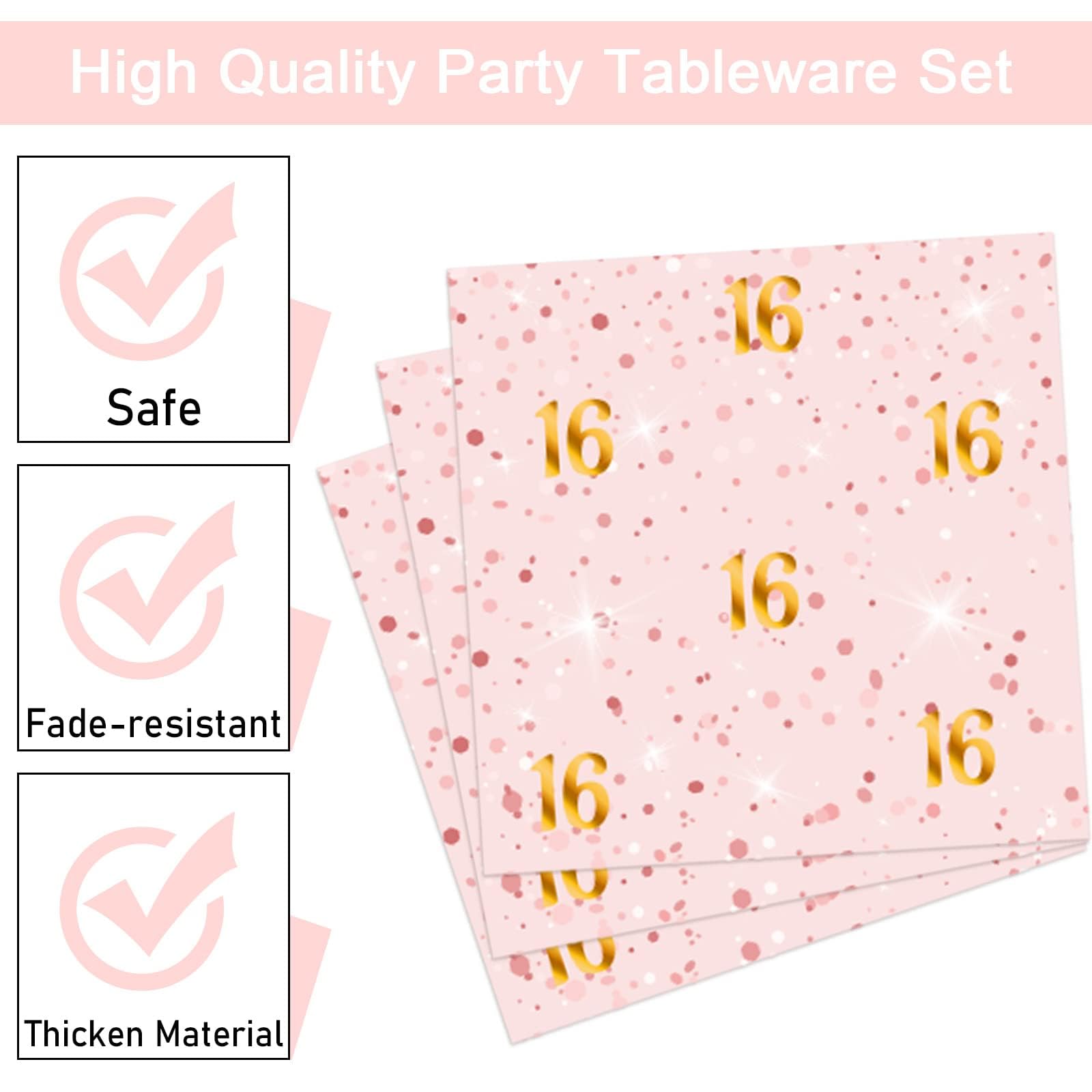 96 Pcs Rose Gold Sweet 16 Birthday Party Plates & Napkins Set - 16th Birthday Party Decorations, Tableware & Favors for Girls - Serves 24 Guests - Perfect for Sweet Sixteen Party, Quinceañera, Teen Birthday Celebrations