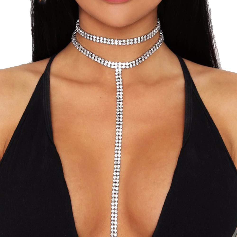 Sexy Rhinestone Body Chain for Women - Multi-Layered Long Choker Necklace with Crystals, Elegant Party Jewelry for Club, Festival, Bachelorette & Special Occasions