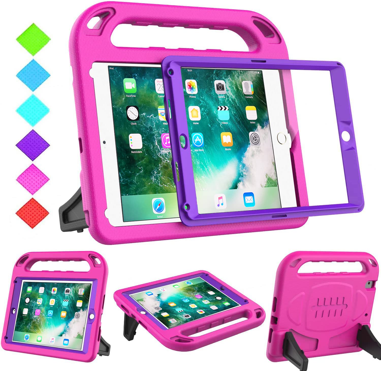 BMOUO Shockproof Kids iPad Case for iPad 9.7 (6th/5th Gen), iPad Air 2/1, iPad 2018/2017 - Built-in Screen Protector with Convertible Stand Handle | Perfect for School, Travel & Home Use - Purple Rose