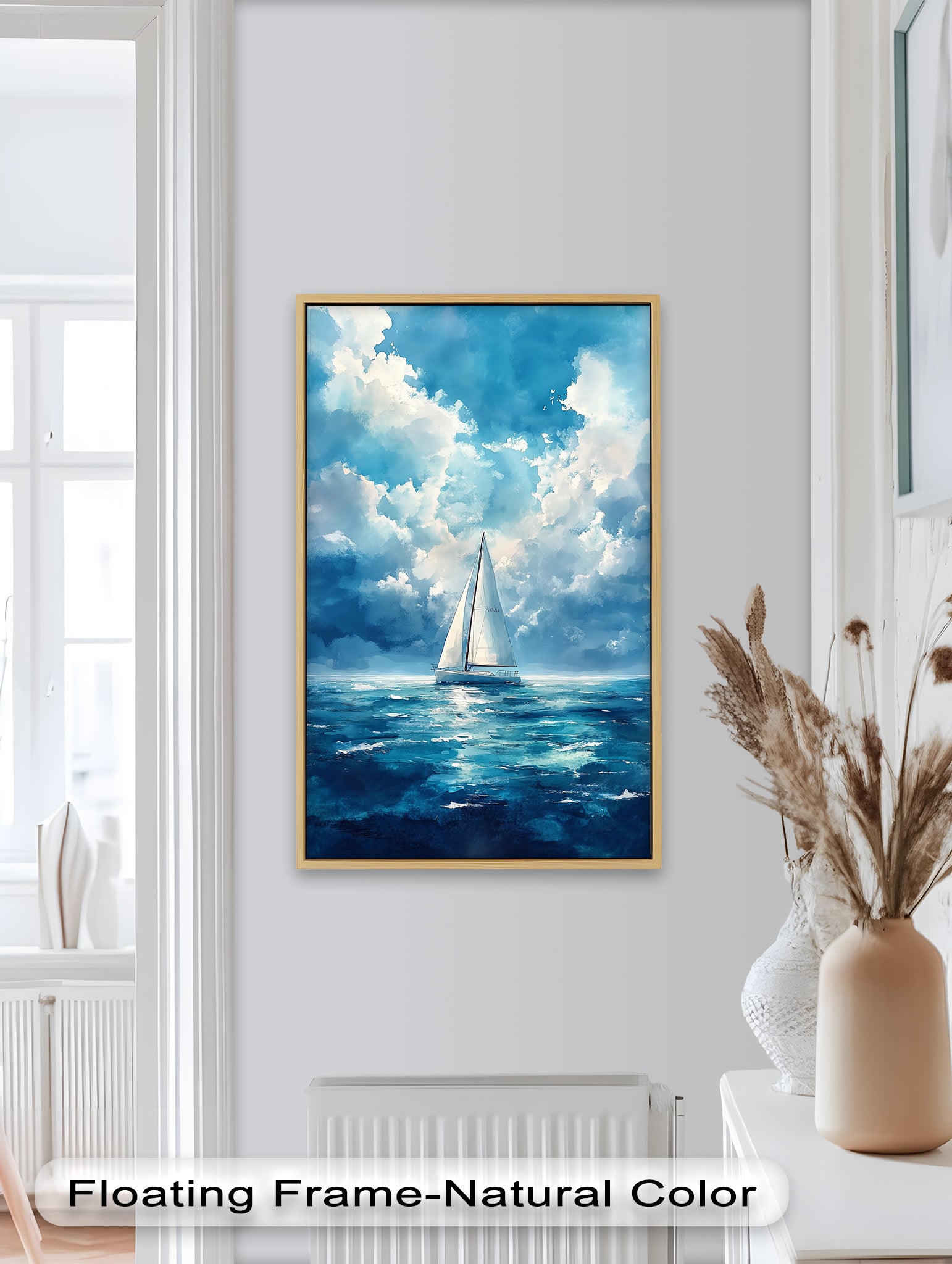 Blue Sky White Sailboat Oil Painting - Handmade Nautical Wall Art for Living Room, Bedroom & Office Decor