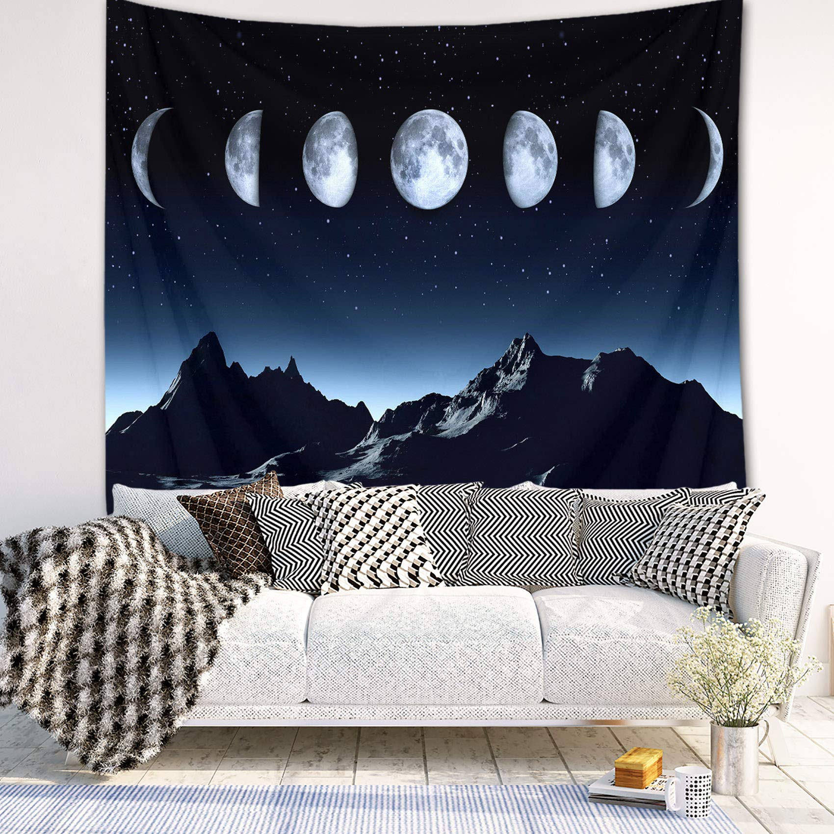 HVEST Mountain Tapestry Night Sky Moon Phases Wall Hanging Blanket - Blue Psychedelic Space Landscape Art Decor for Living Room, Bedroom, Teen Dorm, 92.5x70.9 Inches - Perfect for Meditation, Yoga, and Cozy Nights