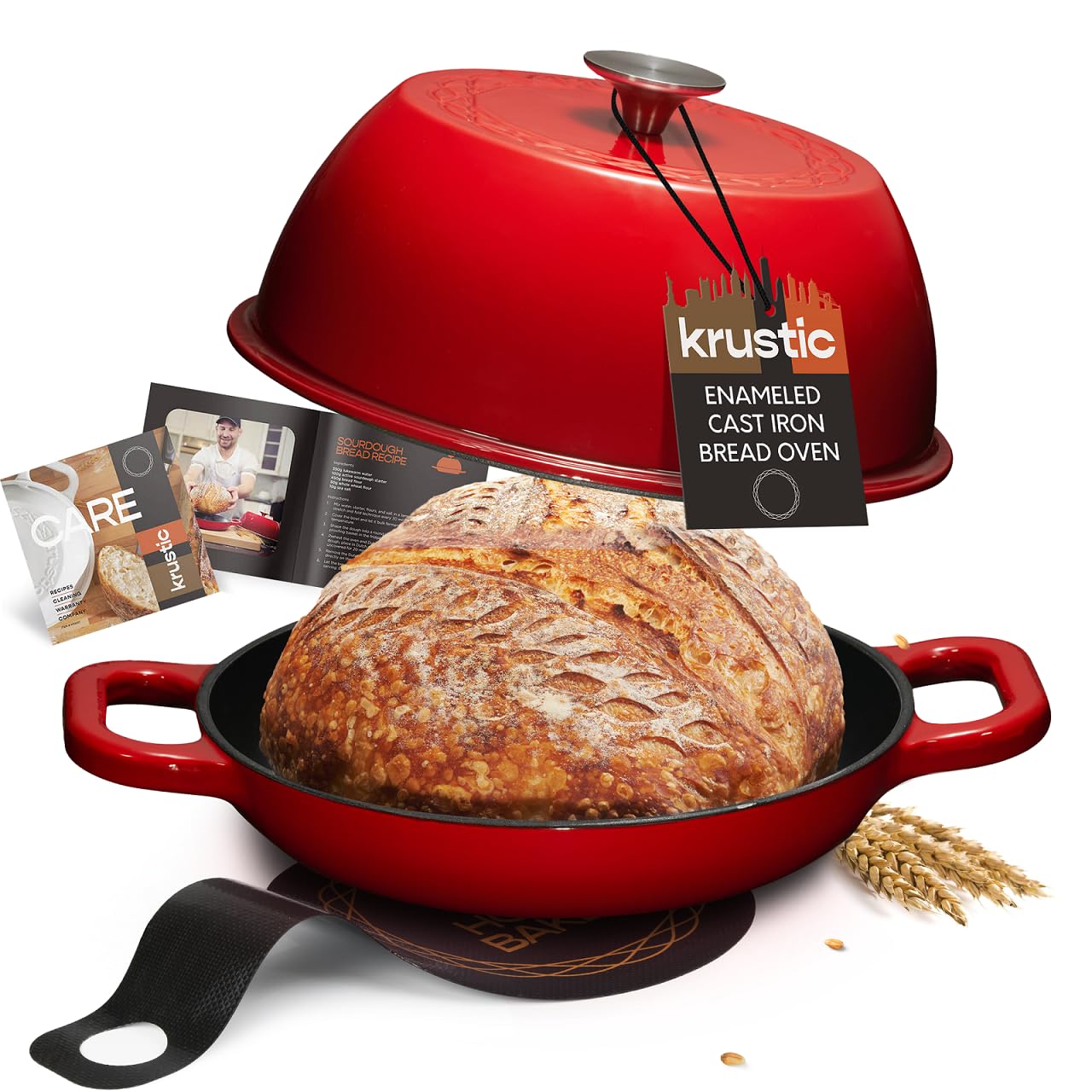 Premium 6 Quart Enameled Cast Iron Dutch Oven with Lid - 10 Inch Thick Ceramic Coated Cookware Set for Sourdough Bread Baking | Non-Stick Surface & Includes Silicone Baking Mat | Perfect for Oven, Stovetop & Camping Cooking (Red)