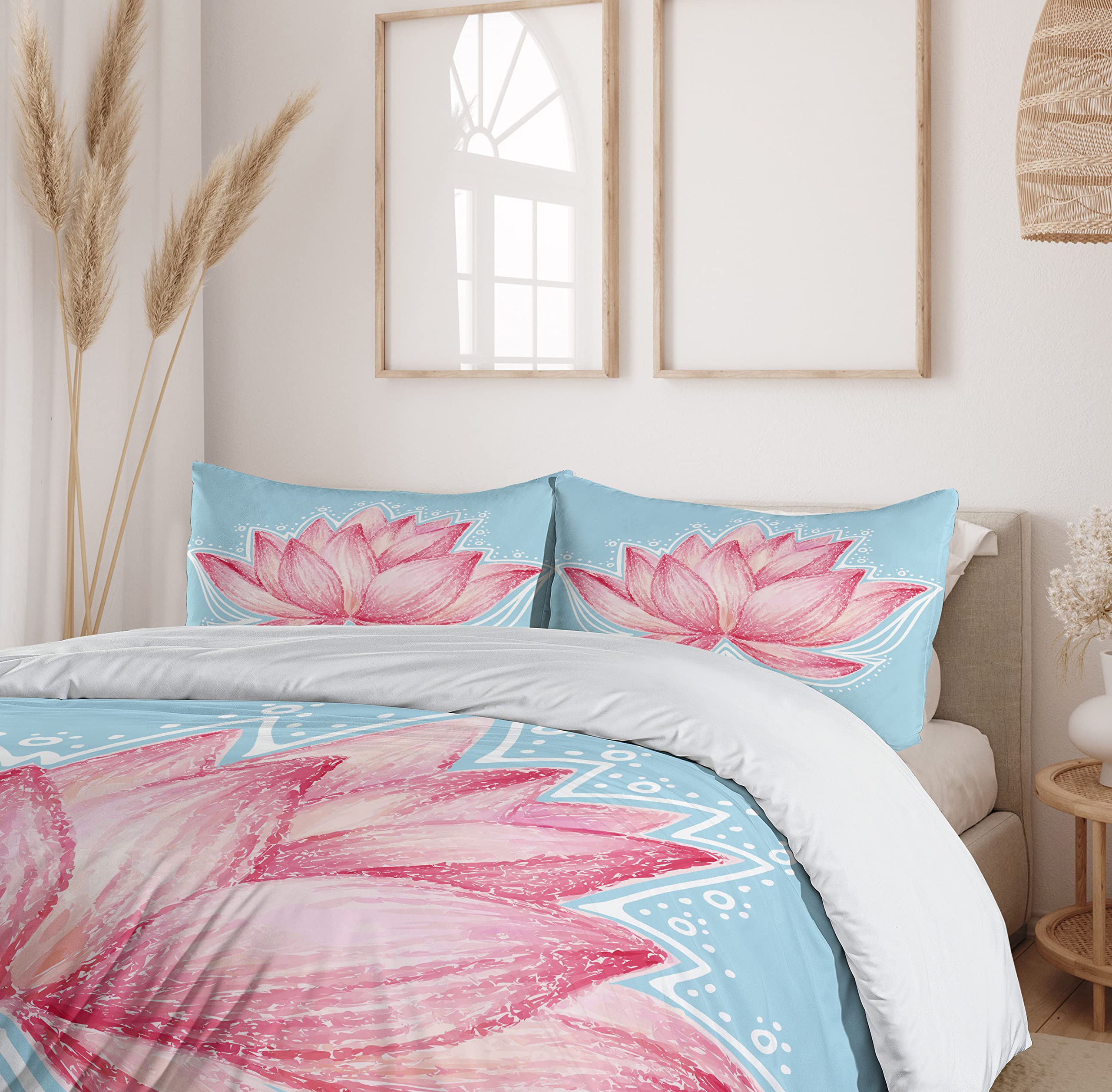 Ambesonne Lotus Duvet Cover Set King Size - Pink & Pale Blue Botanical Floral Bedding with 2 Pillow Shams | Gardening Theme Lotus Flower Pattern | 3-Piece Decorative Bedding Set for Master Bedroom, Guest Room & Bohemian Home Decor