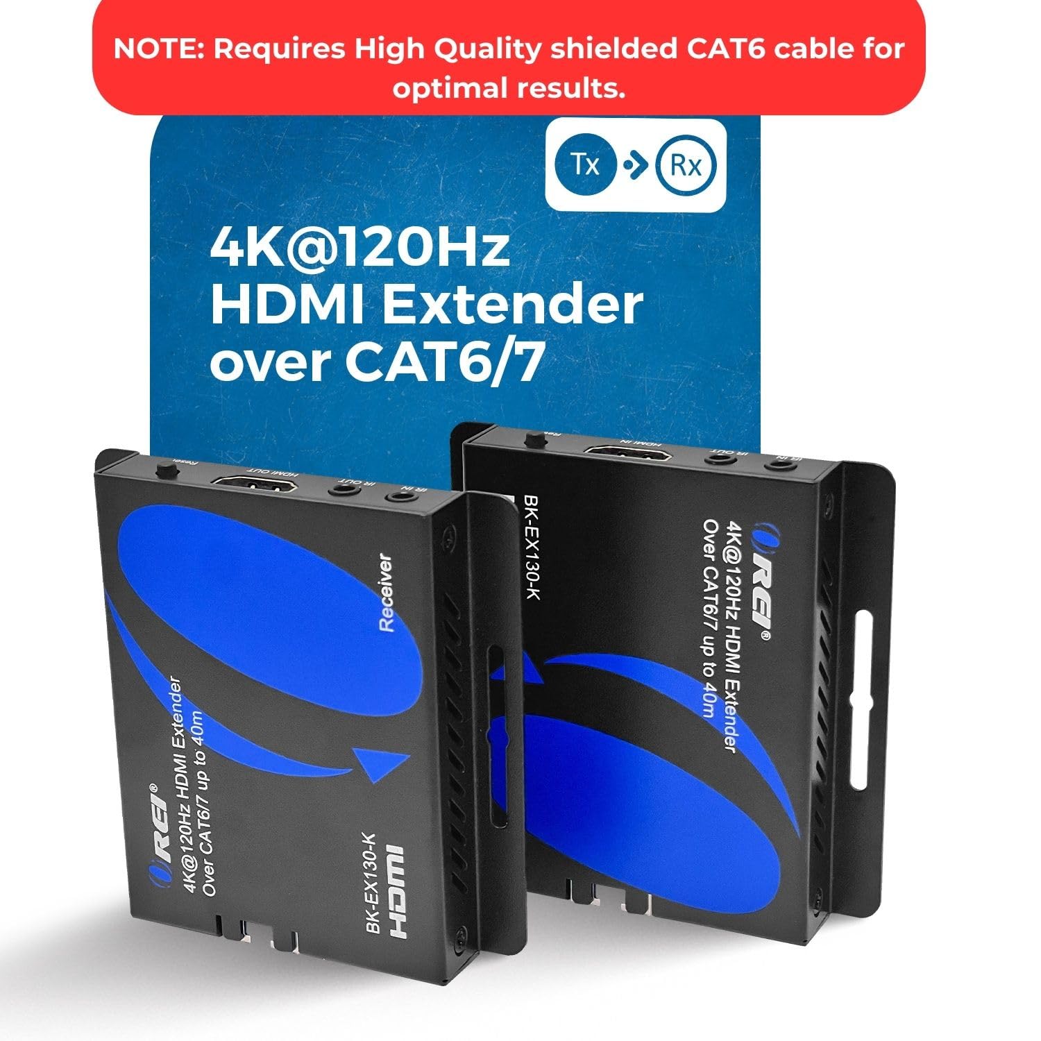 OREI 4K@120Hz HDMI Over Ethernet Extender Balun - Ultra HD 4:4:4 HDR Transmission via Single CAT6/7 Cable (130ft Range) with Bi-Directional IR Control & Audio L/R Output - Perfect for Home Theater, Gaming Setup, and Professional AV Installations (Model BK-EX130-K)
