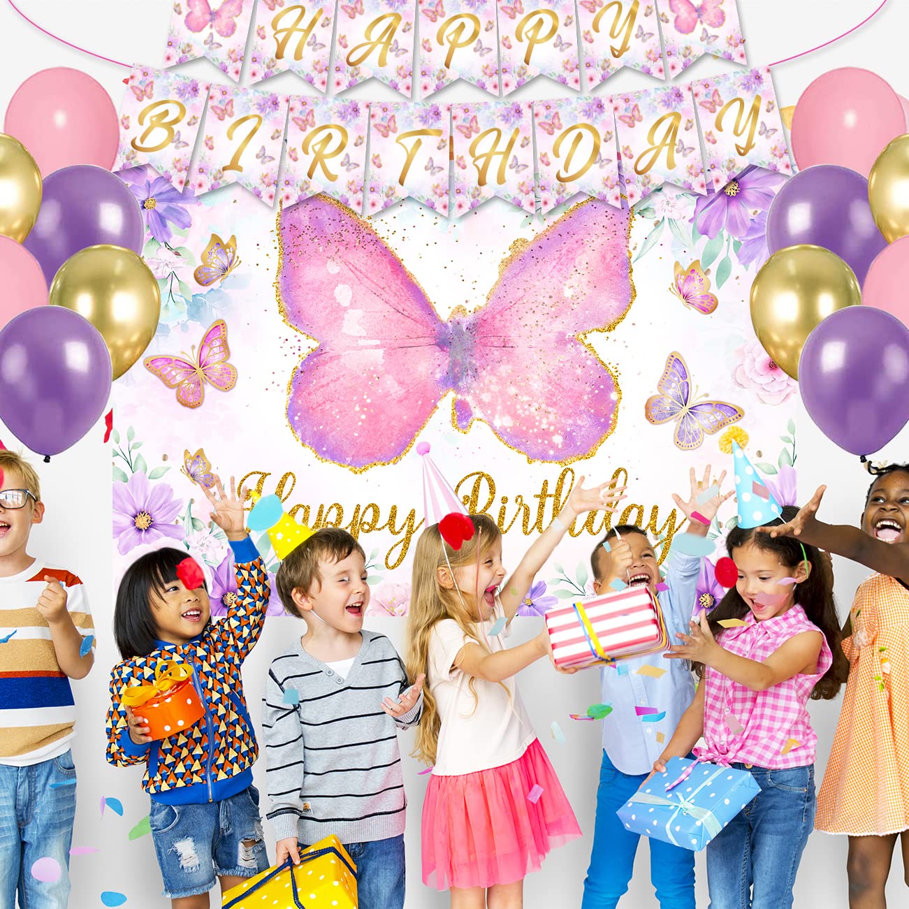 Butterfly Birthday Party Decorations for Girls - 20-Piece Butterfly Plates, Napkins & Backdrop Banner Set - Baby Shower & Birthday Party Supplies - Perfect for Indoor & Outdoor Celebrations