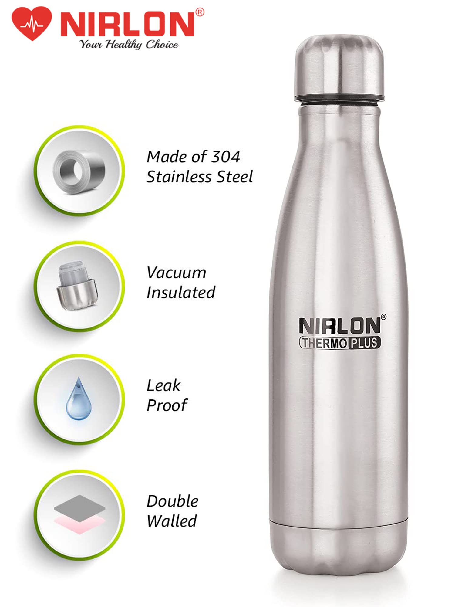 NIRLON Stainless Steel Vacuum Insulated Water Bottle 750ml - Leak Proof, Keeps Hot & Cold for 24 Hours - Perfect for Office, Gym, Hiking, Travel & Outdoor Activities