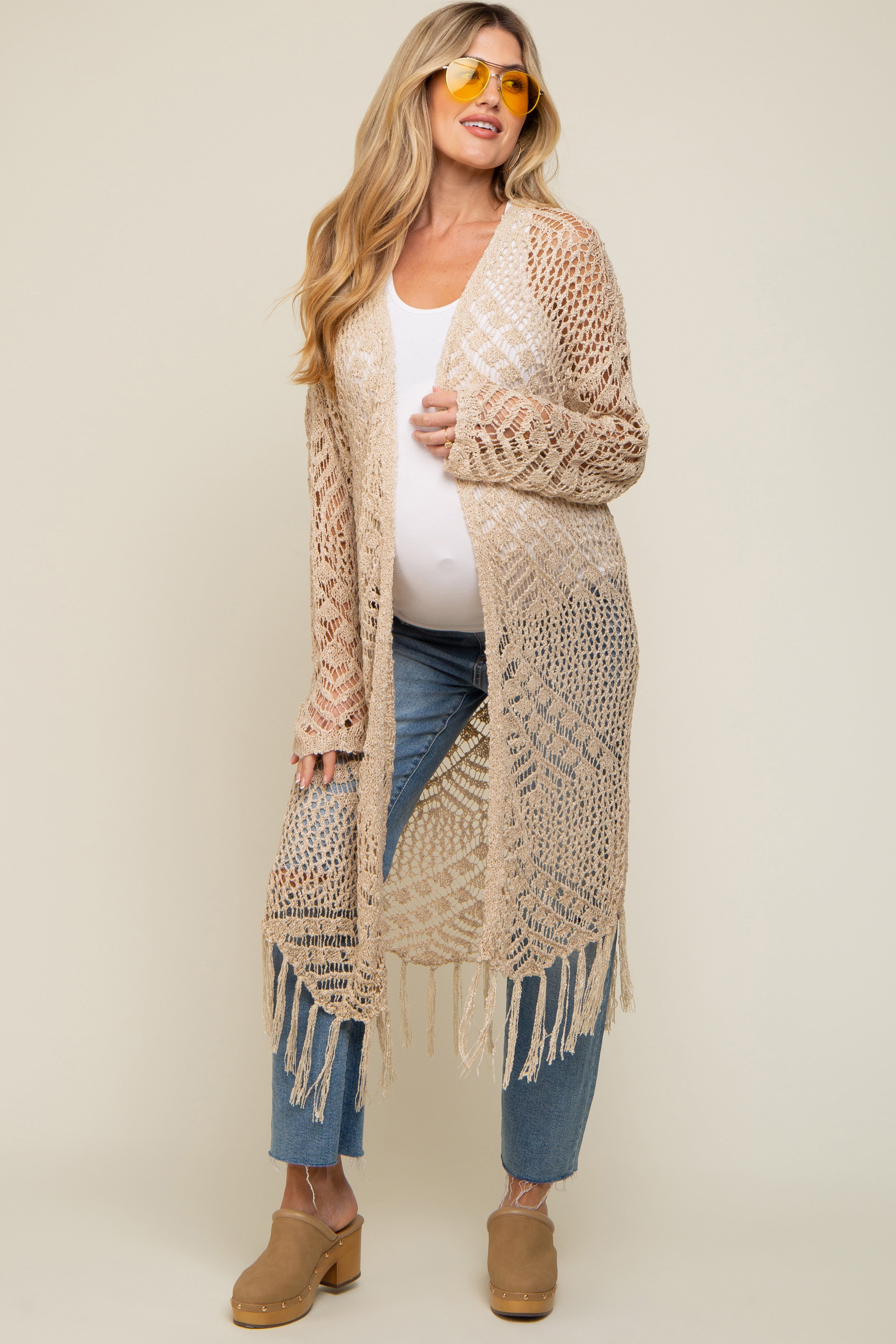 Beige Crochet Fringe Hem Maternity Cardigan - Soft Knit Open Front Sweater for Pregnancy & Nursing - Perfect for Casual Outfits, Baby Showers & Breastfeeding Comfort