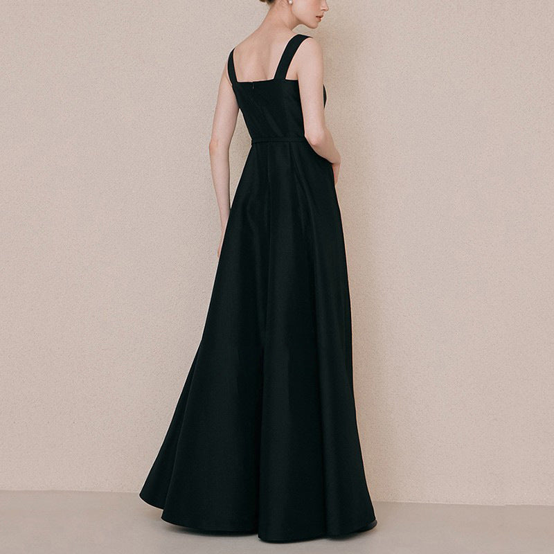 Elegant A-Line Black Satin Formal Evening Dress - French Style Party Gown for Women | Perfect for Weddings, Galas & Special Occasions
