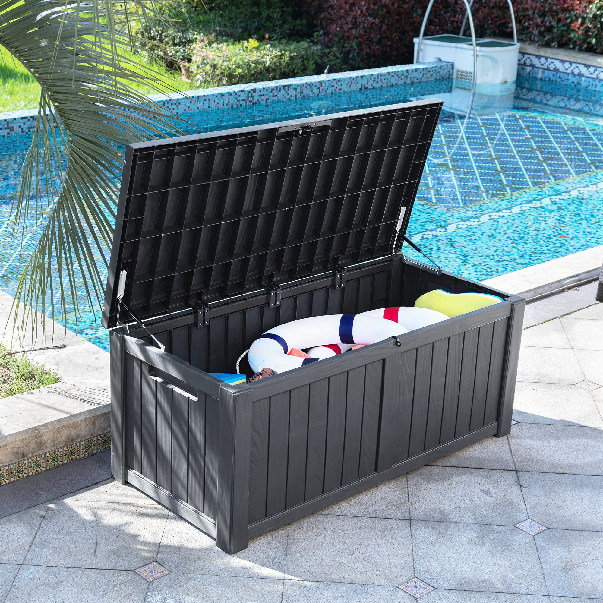 YITAHOME 120 Gallon Outdoor Storage Deck Box - Large Waterproof Resin Patio Storage Container for Garden Tools, Pool Supplies & Outdoor Pillows - Lockable Deck Box in Dark Grey - Perfect for Backyard, Patio & Poolside Organization