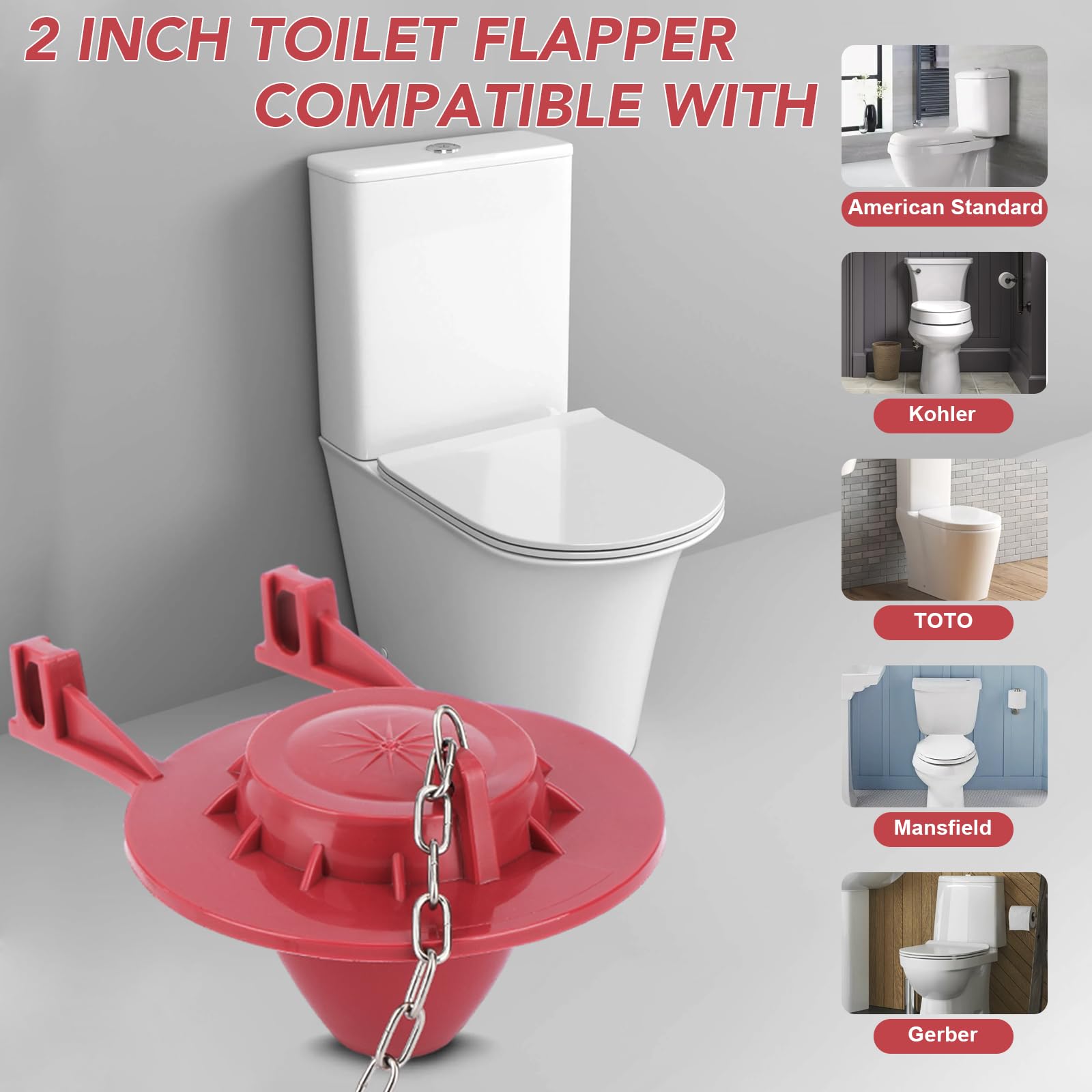 2 Pack Universal 2-Inch Toilet Flapper Replacement Kit - High Performance Toilet Tank Flapper with Stainless Steel Chain & Hook, Durable Rubber Seal, Easy Installation (Red) - Perfect for Leaky Toilets, Home Bathroom Repair & Water Conservation