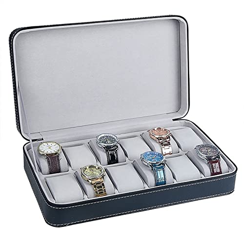 12-Slot Luxury PU Leather Watch Box for Men - Zipper Watch Display Case, Jewelry Storage Organizer, Large Holder for Bangle Bracelets - Perfect Gift for Watch Collectors & Fashion Accessories (Black) - Ideal for Travel, Home Display & Watch Protection