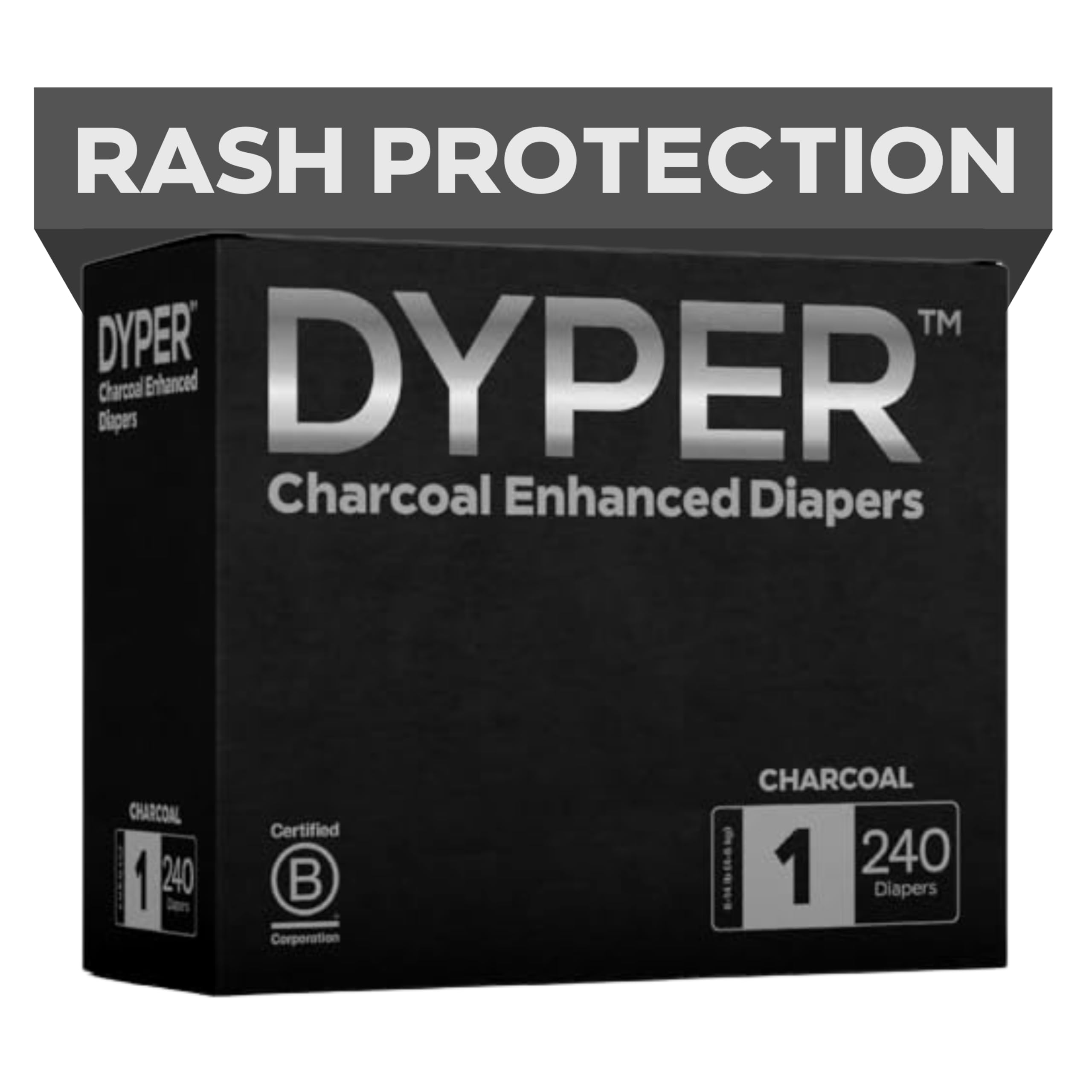 DYPER Charcoal Enhanced Diapers - Plant-Based Baby Diapers for Sensitive Skin | Hypoallergenic & Eco-Friendly | Size 1 (240 Count) | Day & Overnight Protection | Perfect for Newborns & Active Babies