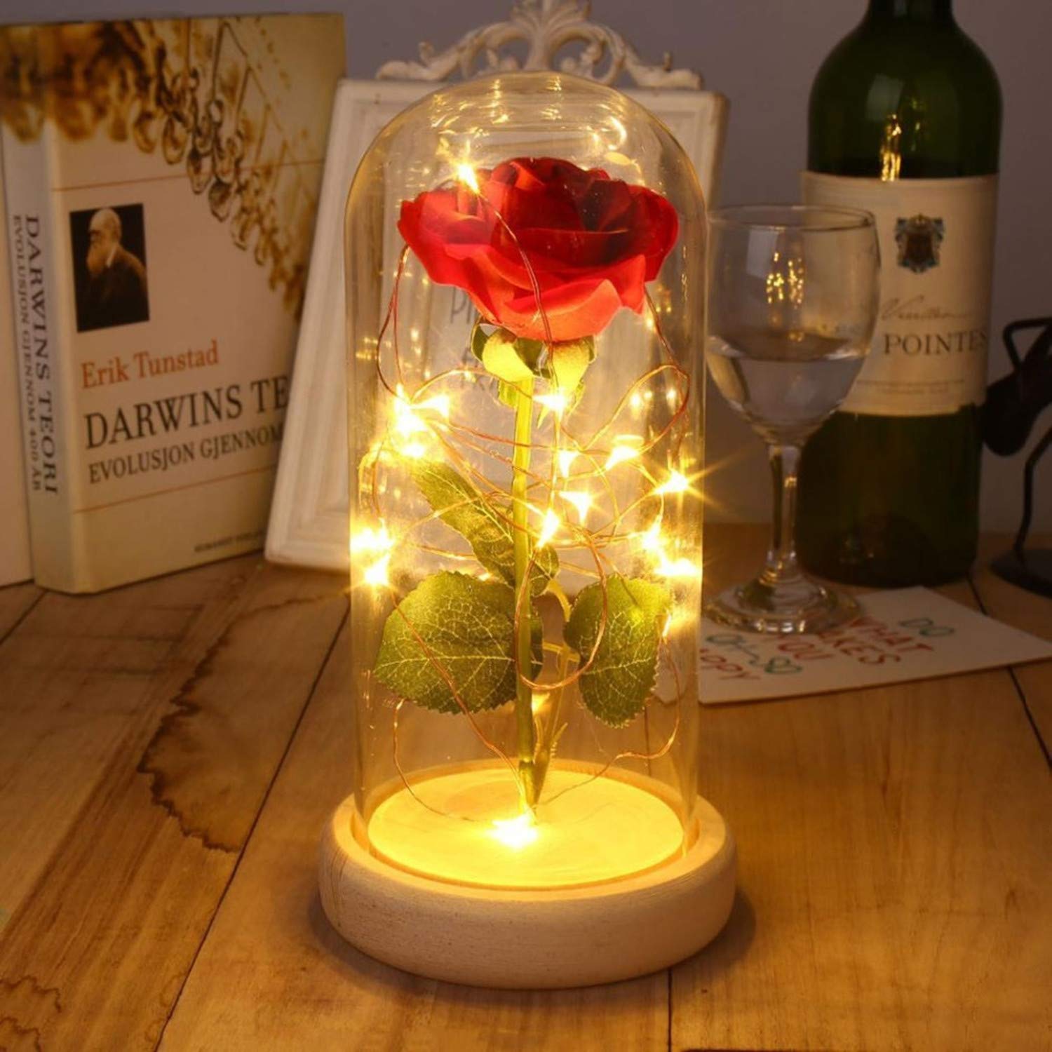 Enchanted Beauty and The Beast Rose - Silk Flower in Glass Dome with LED String Lights, Battery Powered Red Rose for Valentine's Day, Birthday & Romantic Gifts | Perfect for Home Decor, Wedding Centerpieces & Disney-Themed Parties