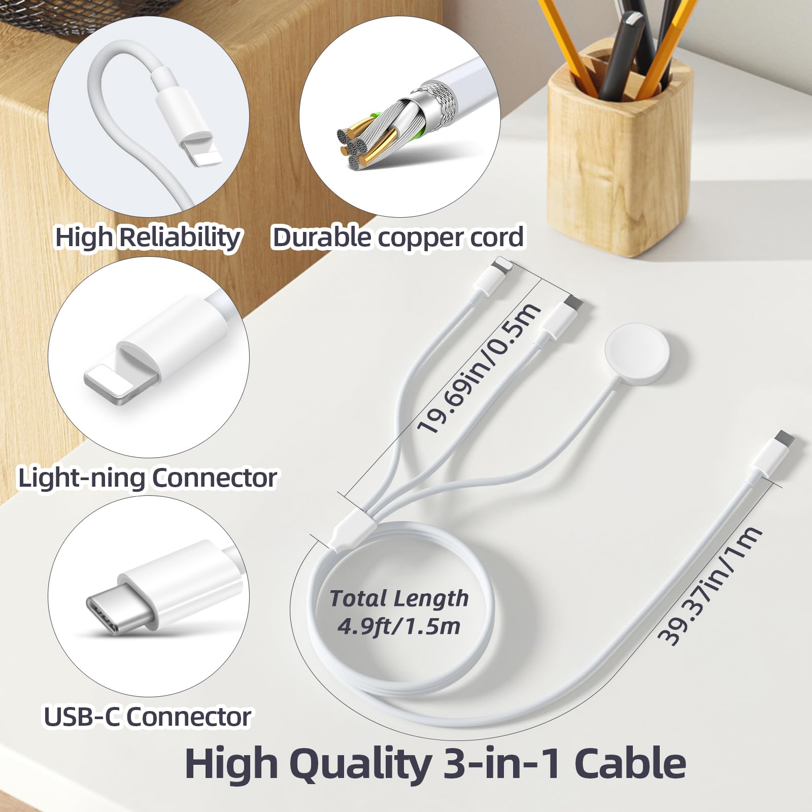 3-in-1 USB C Charging Cable for Apple Watch & iPhone - Fast Charger Cord Compatible with iWatch Series 10/9/SE2/8/7/6/5/4/3/2/1/SE & iPhone 16/15/14/13/12 (4.9FT) - Perfect for Travel, Office and Home Charging