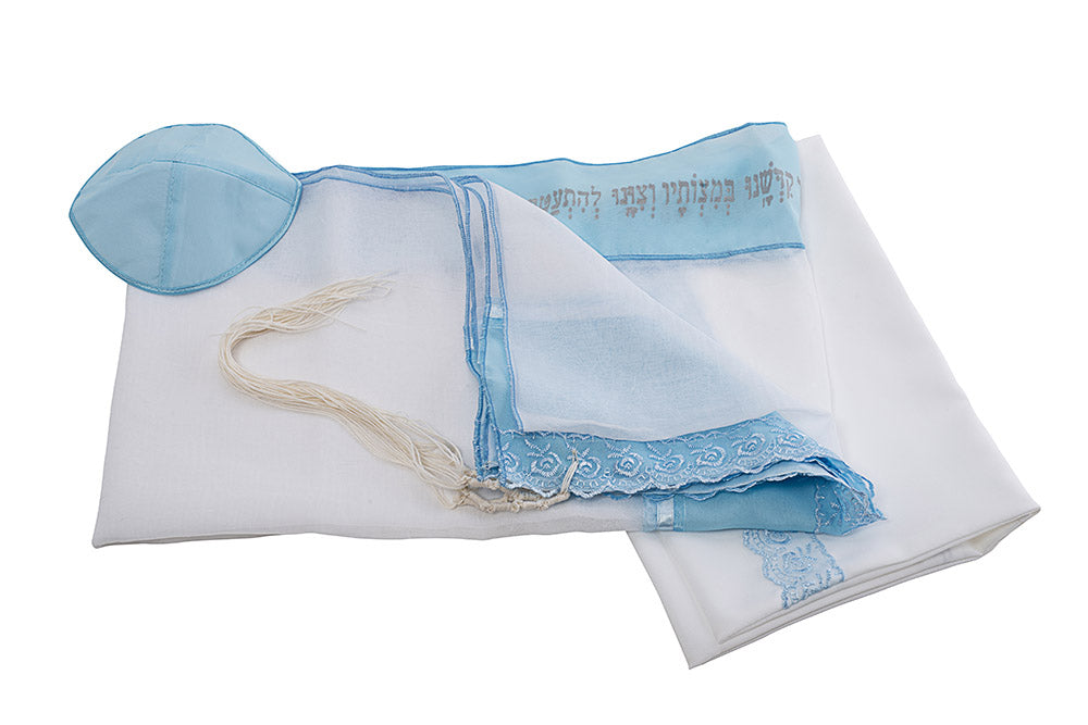 Light Blue Lace Tallit Shawl for Girls & Women - Elegant Sheer Prayer Scarf for Bat Mitzvah, Synagogue Services & Jewish Ceremonies - Feminine Religious Gift for Special Occasions