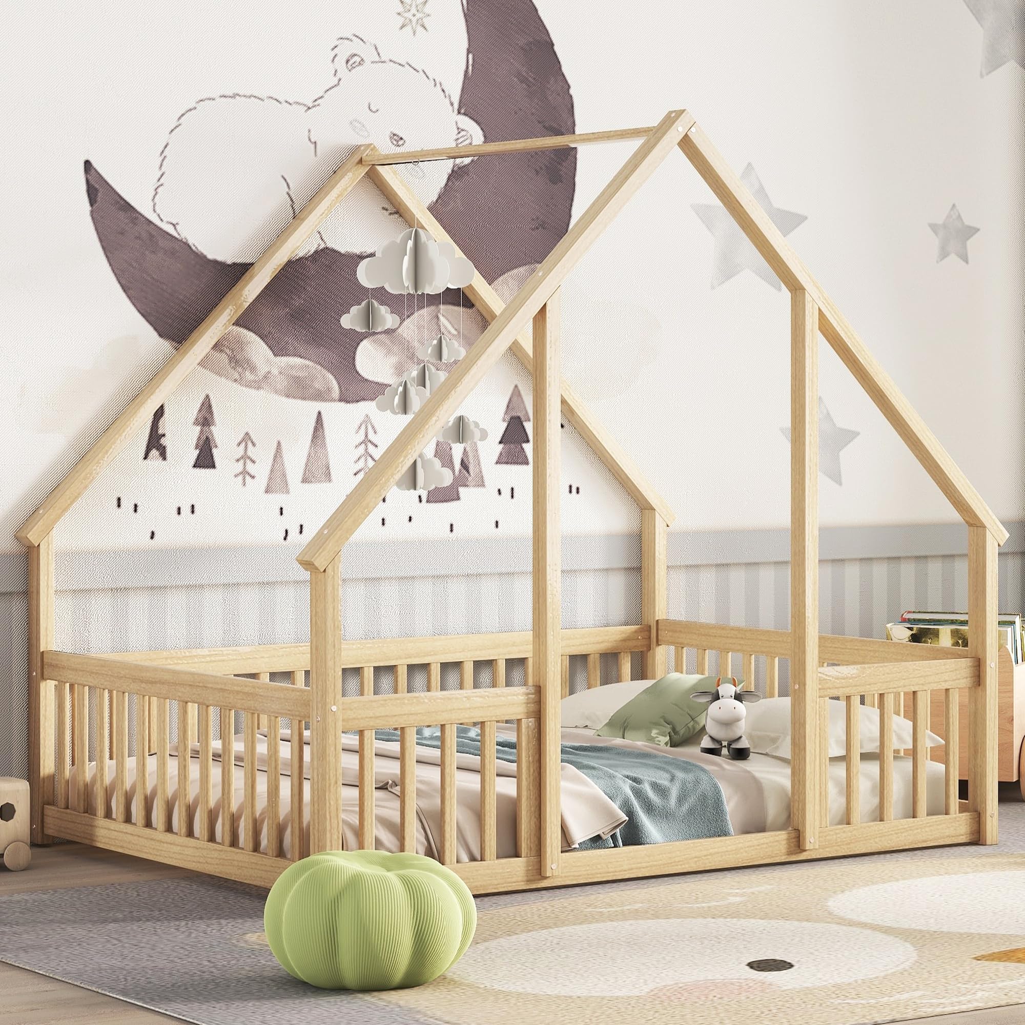 Bellemave Full Size Wooden House Floor Bed for Kids - Montessori Style Playhouse Bed with Safety Fence for Boys & Girls - Natural Wood Toddler Bed for Bedroom, Playroom or Nursery