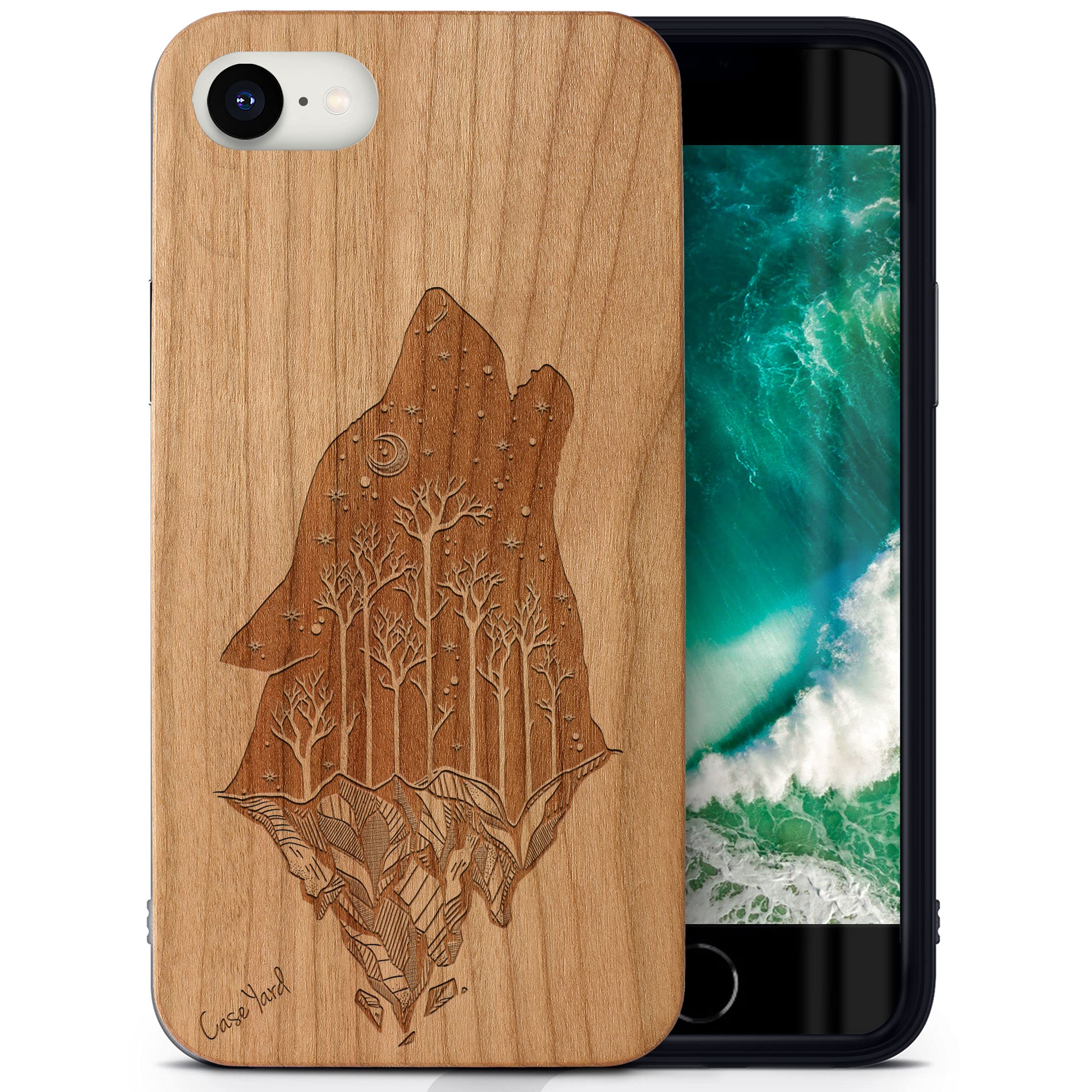 CaseYard Cherry Wood iPhone SE Case - Laser Engraved Howling Wolf Design | Slim Fit Shockproof Protective Cover for Men & Women | Perfect for Outdoor Adventures & Daily Use