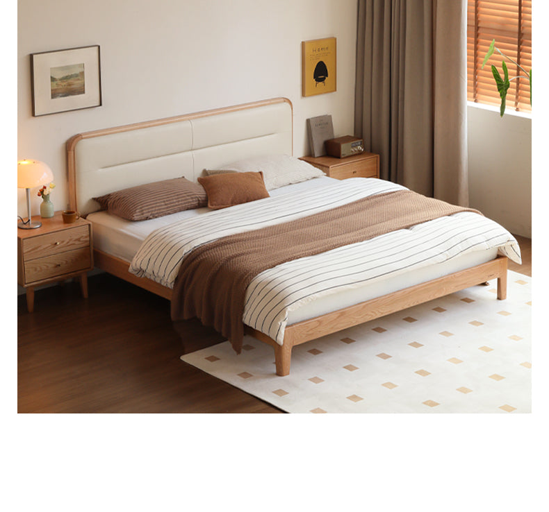 Solid Oak Wood Leather Upholstered Soft Bed - Queen Size, Modern Platform Bed Frame with Headboard for Bedroom, Living Room, Guest Room