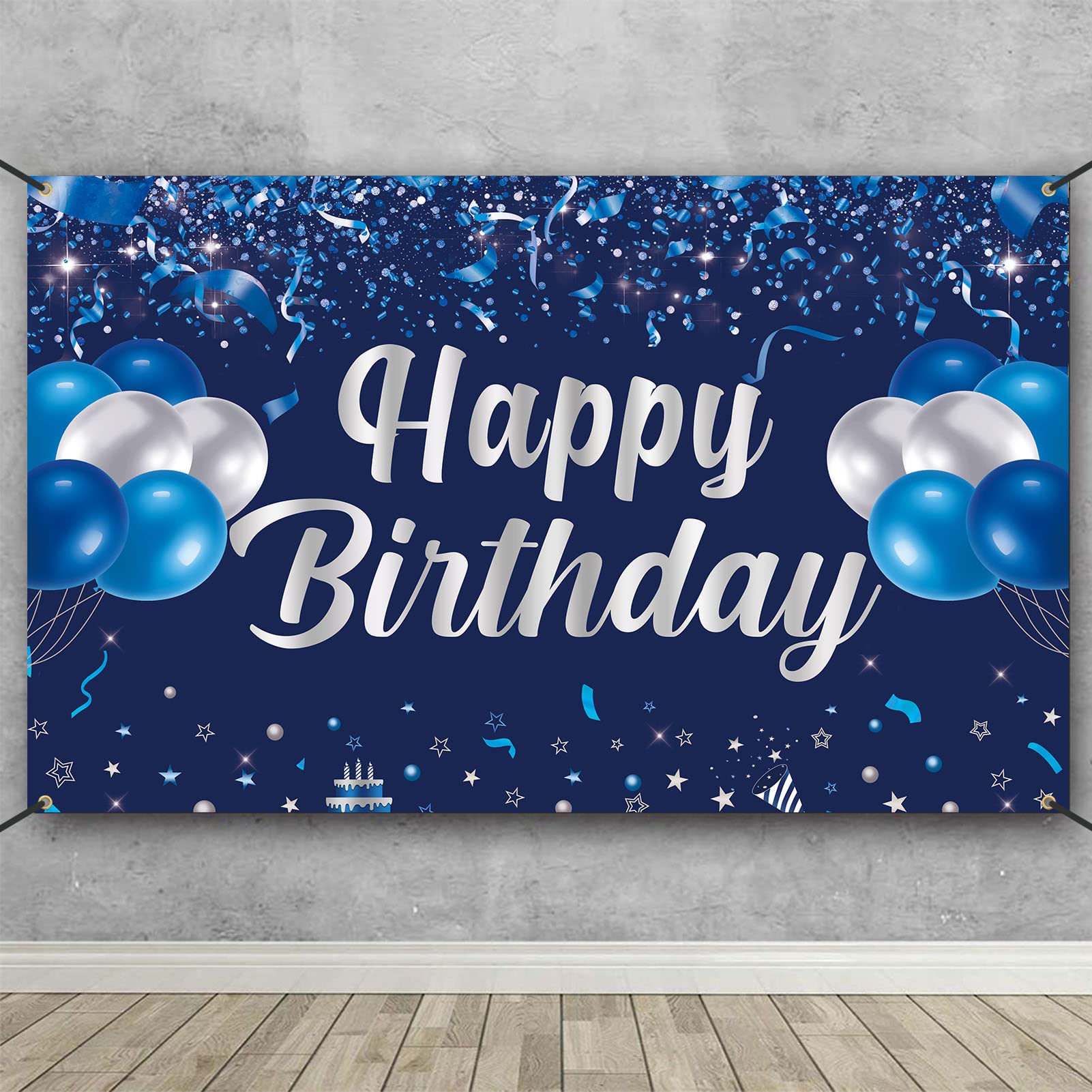 Blue and Silver Happy Birthday Banner Backdrop - Party Decorations for Men, Women, Kids - Indoor/Outdoor Photo Background - Perfect for Birthday Parties, Celebrations & Gift Giving