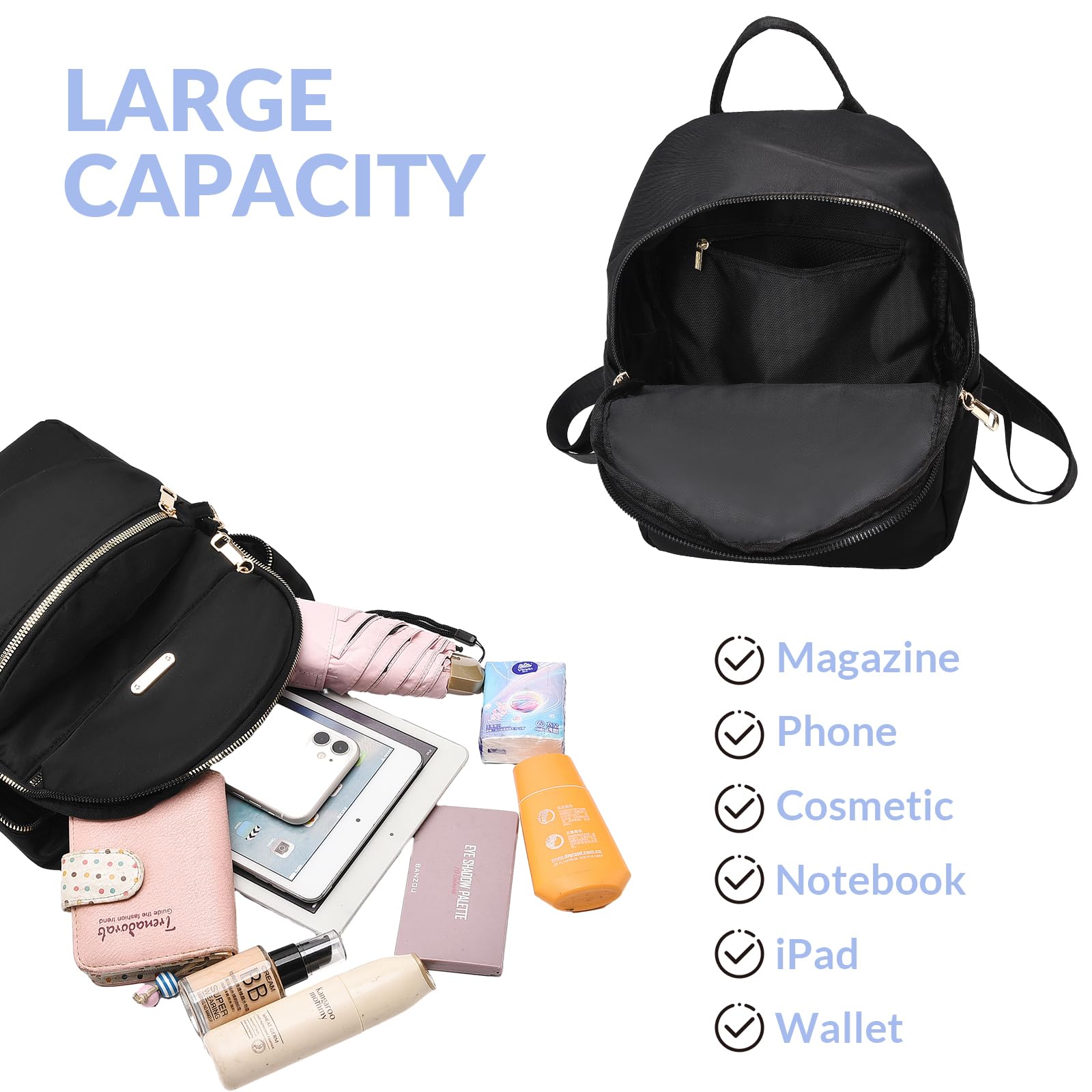 IHAYNER Mini Backpack Purse for Women - 2 Pack Lightweight Nylon Small Backpacks, Casual Daypack for Daily Use, Travel, Work, School & Shopping (Black)