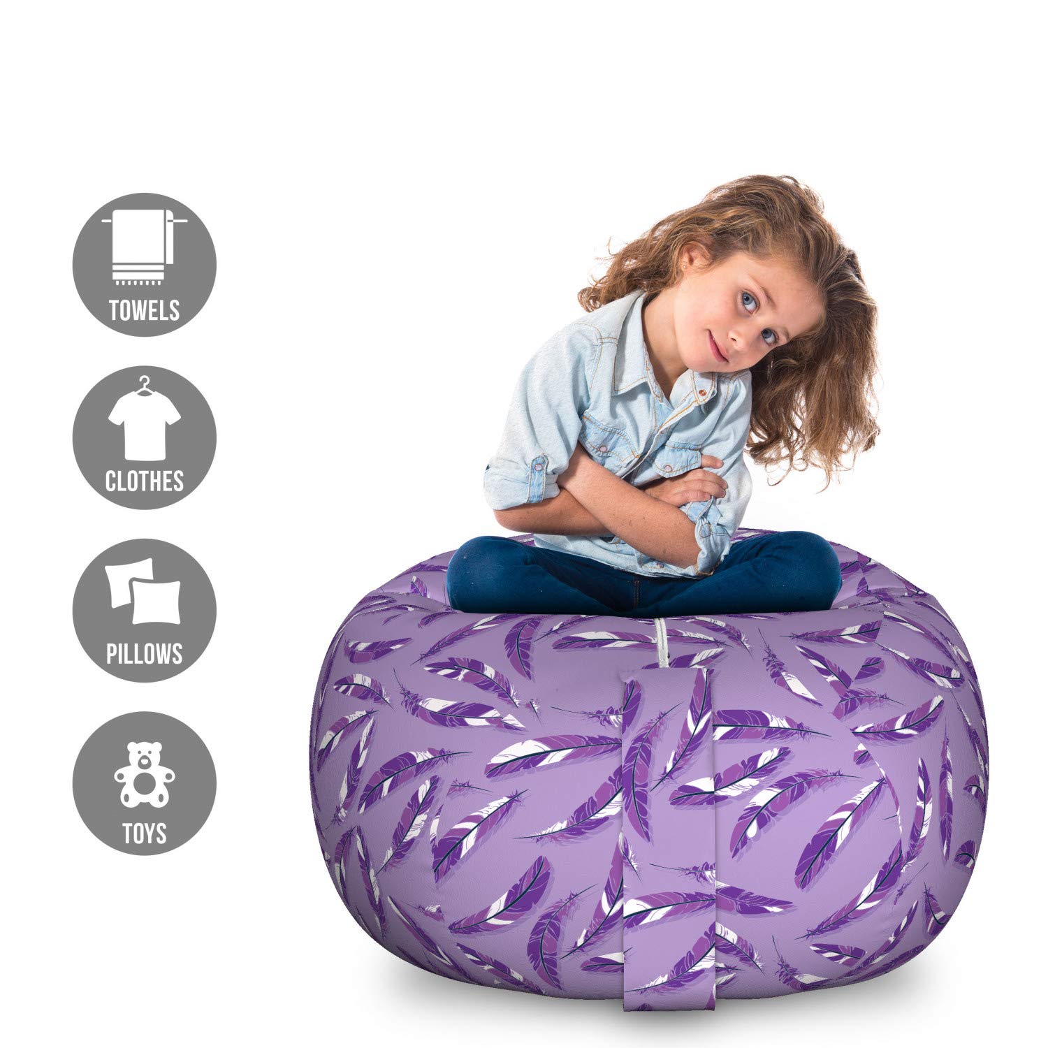 Ambesonne Large Dark Purple Toy Storage Bag Chair with Feather Design - Washable Stuffed Animal Organizer for Kids Room (Lavender Fuchsia) - Perfect for Playroom Organization & Bedroom Decor