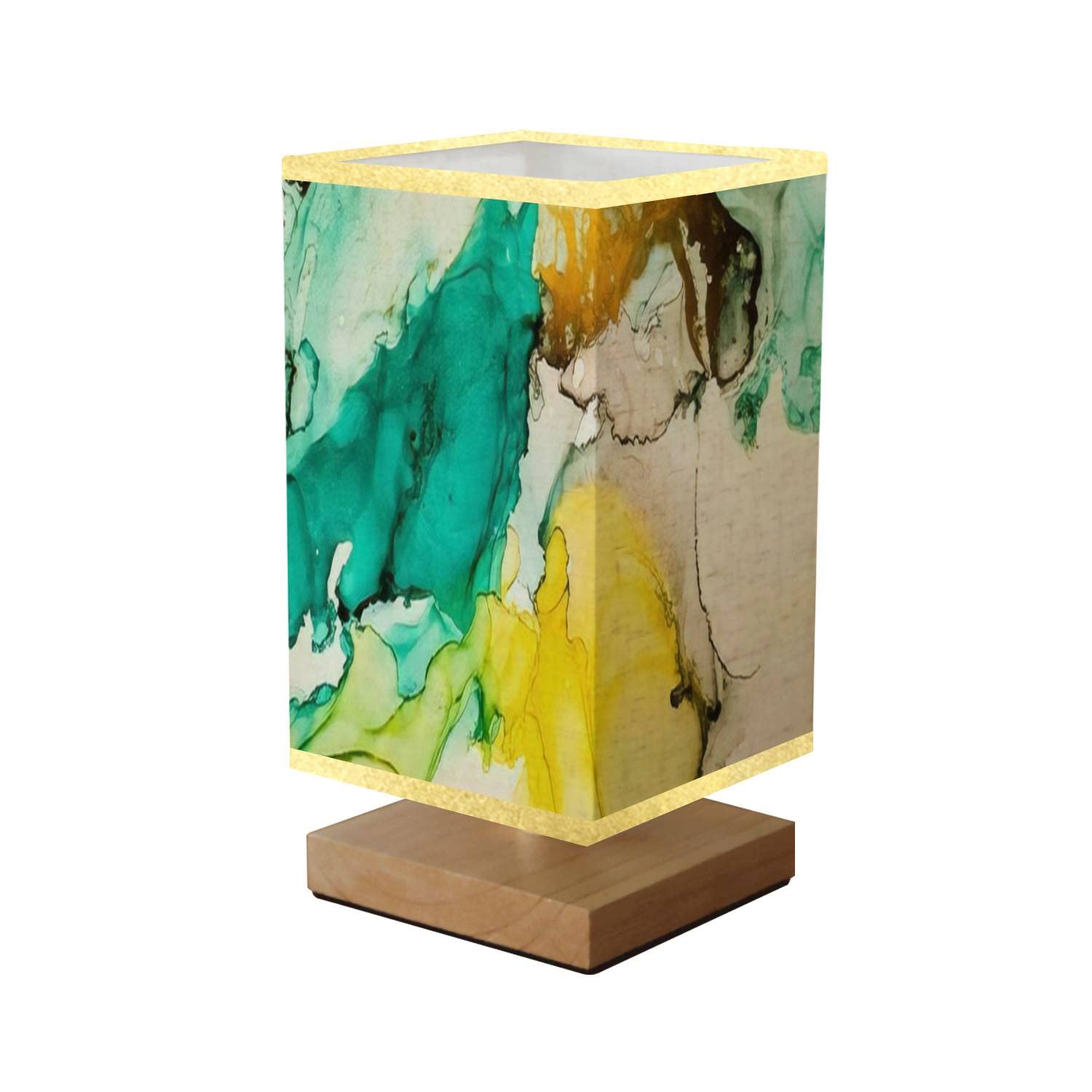 **Dimmable Square Bedside Table Lamp - Ink Splash Transparent Canvas Design with Vibrant Blue, Yellow & White Wooden Base & Flaxen Fabric Shade - Perfect for Bedroom, Living Room, Office & Reading Nook**