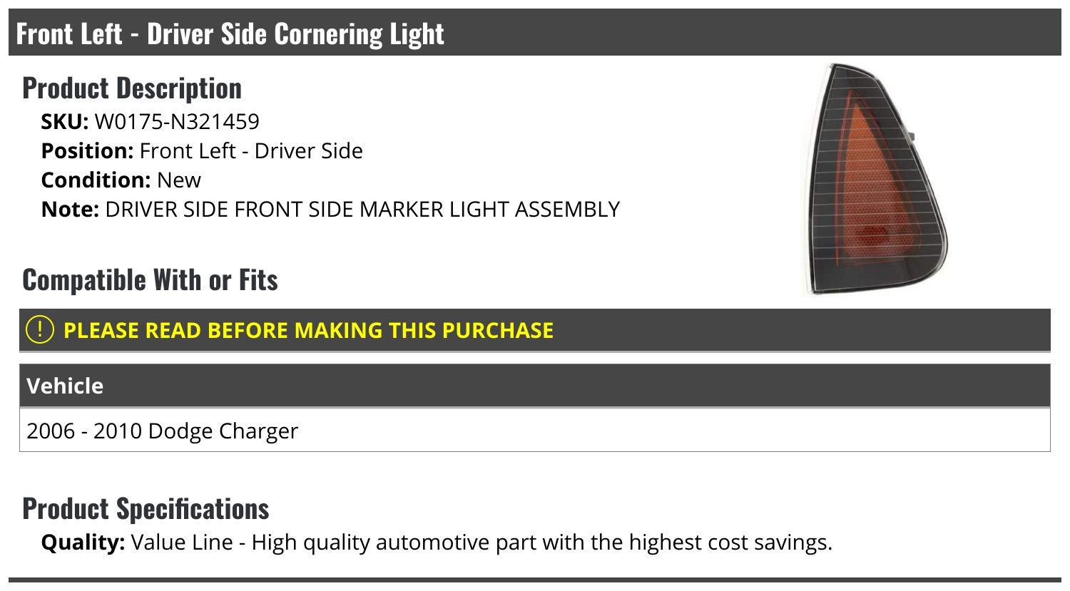2006-2010 Dodge Charger Front Left Driver Side Cornering Light Replacement - OEM Fit LED Headlight Bulb for Improved Night Visibility | Perfect for Highway Driving & Foggy Conditions