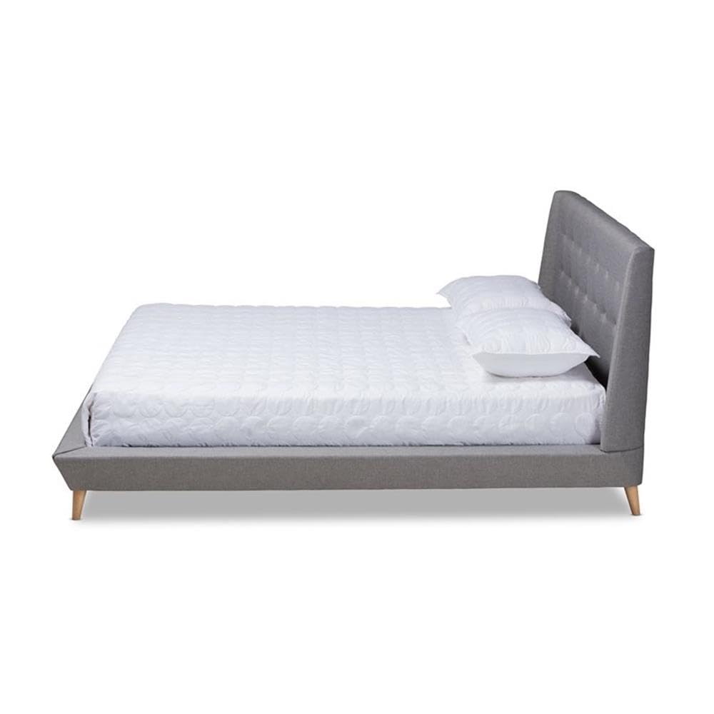 BOWERY HILL King Size Grey Upholstered Wingback Platform Bed Frame with Solid Wood Slats - Elegant Modern Bedroom Furniture for Master Suite or Guest Room